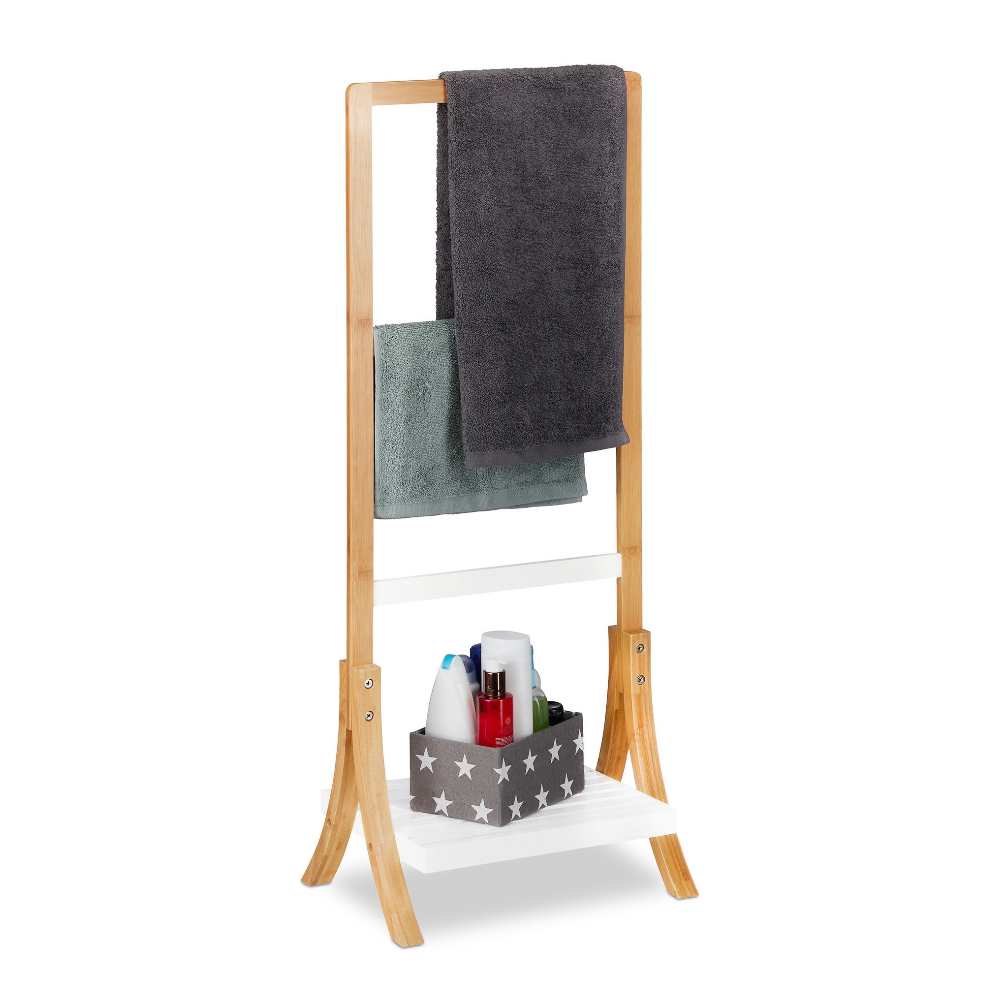 Portasciugamani, Bambù E Mdf, Ripiano E 3 Aste, Portasalviette Da Terra, Hxlxp: 103x41x28 Cm, Naturale Bianco - Relaxdays