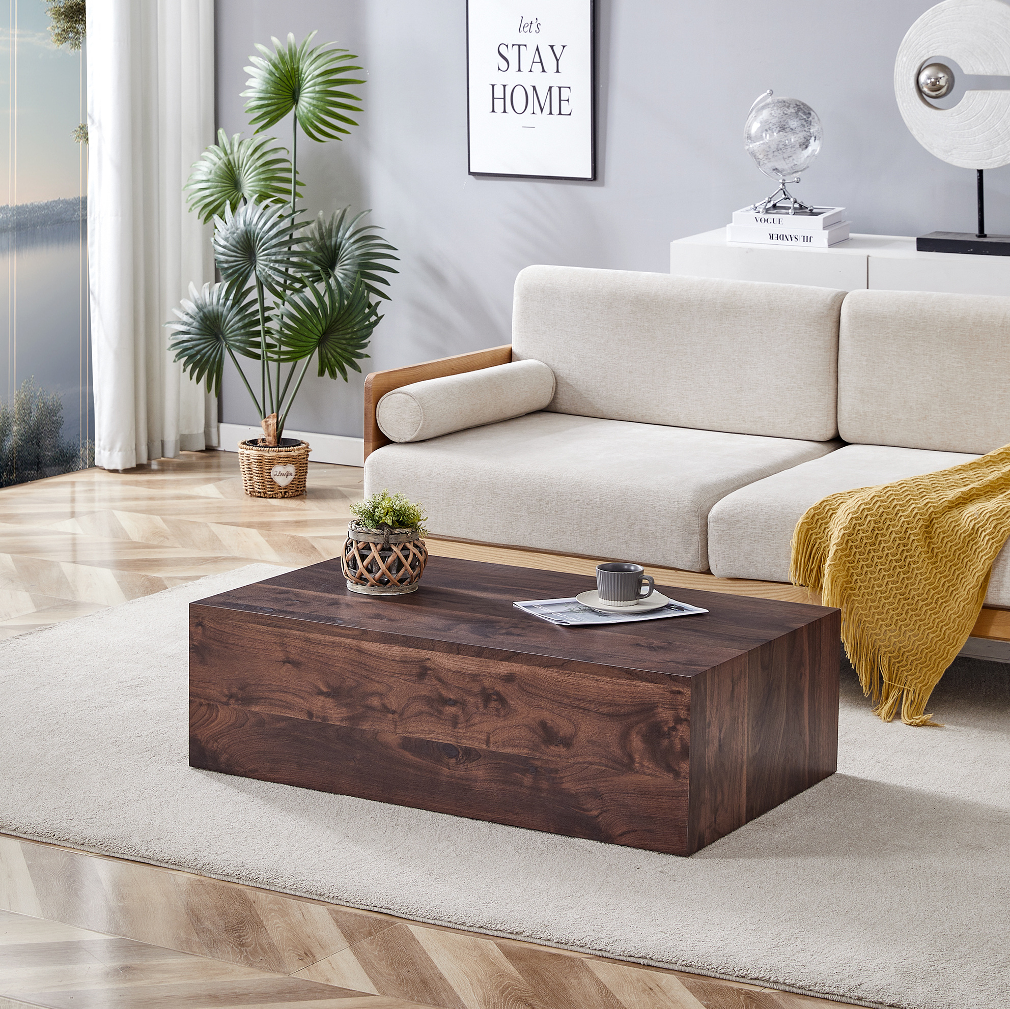 Okwish Rechteckiger Couchtisch Mit Holzoptik, Rutschfesten Bodenschonern, Aus Mdf, Nussbaumfarbe, 90x50x30 Cm