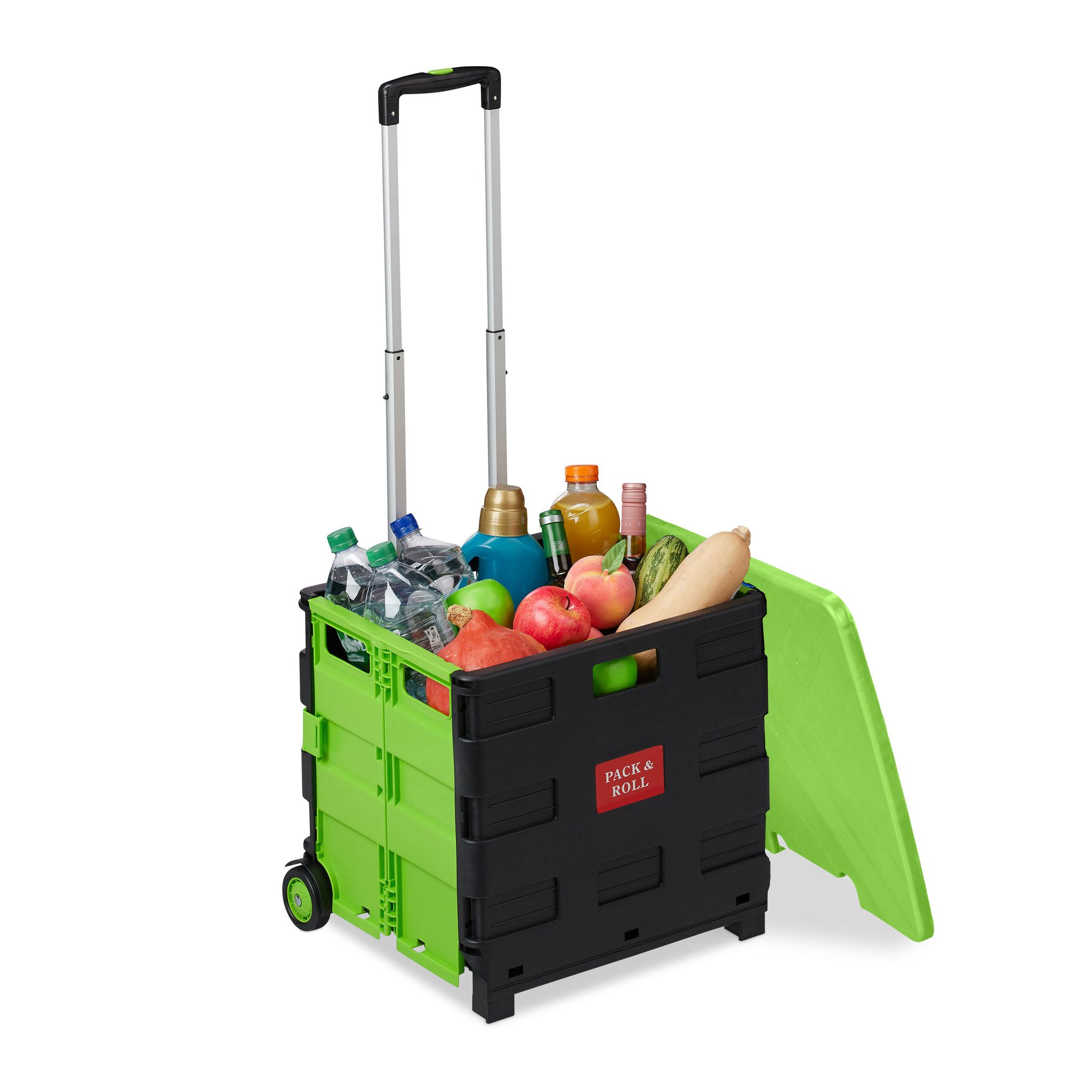 Relaxdays Shopping Trolley, Foldable, Up To 35 Kg, 50 L, With Telescopic Handle & Lid, Shopping Transport, Green/black