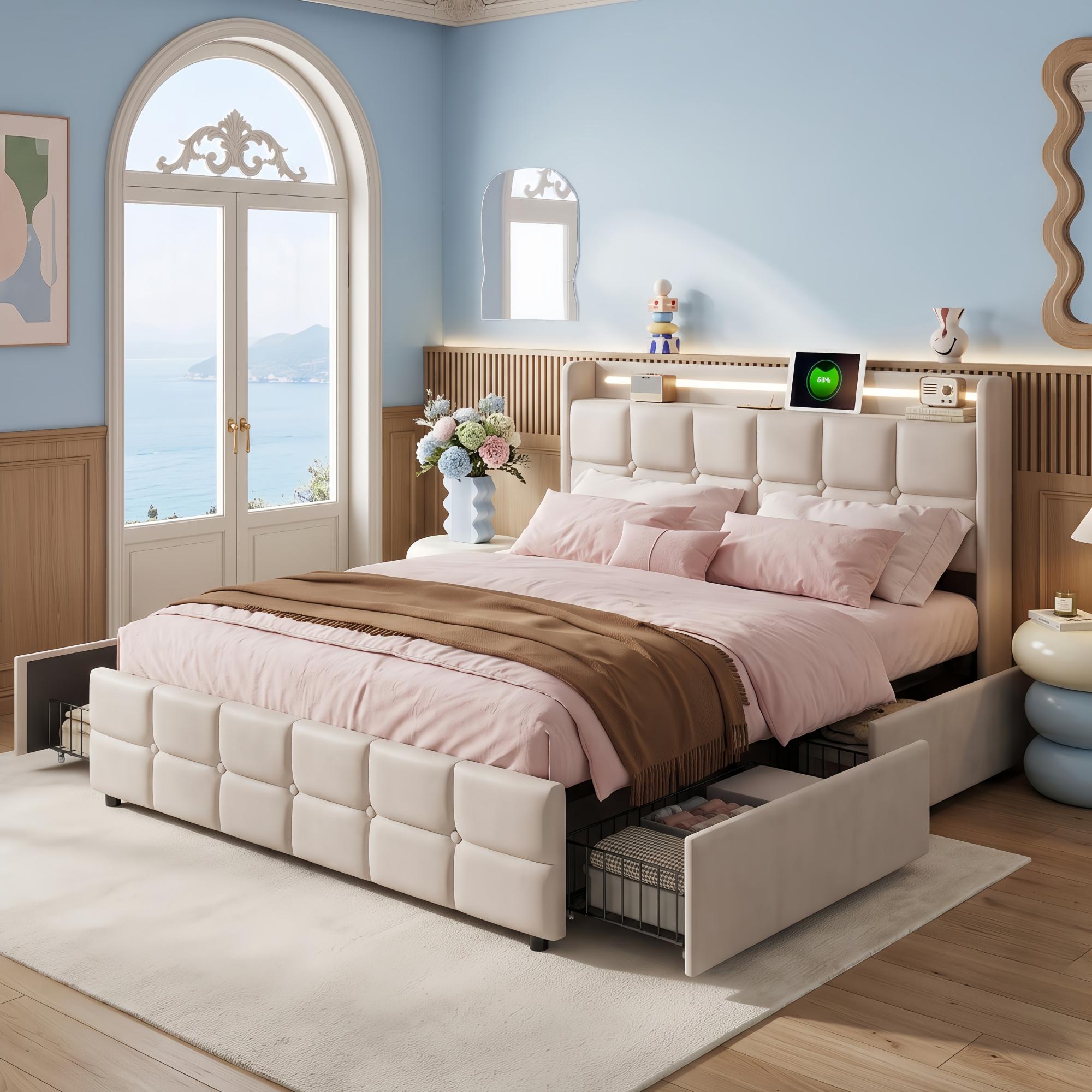 Lit Double Rembourré 140x190 Cm En Lin Beige Avec 4 Tiroirs - Éclairage
