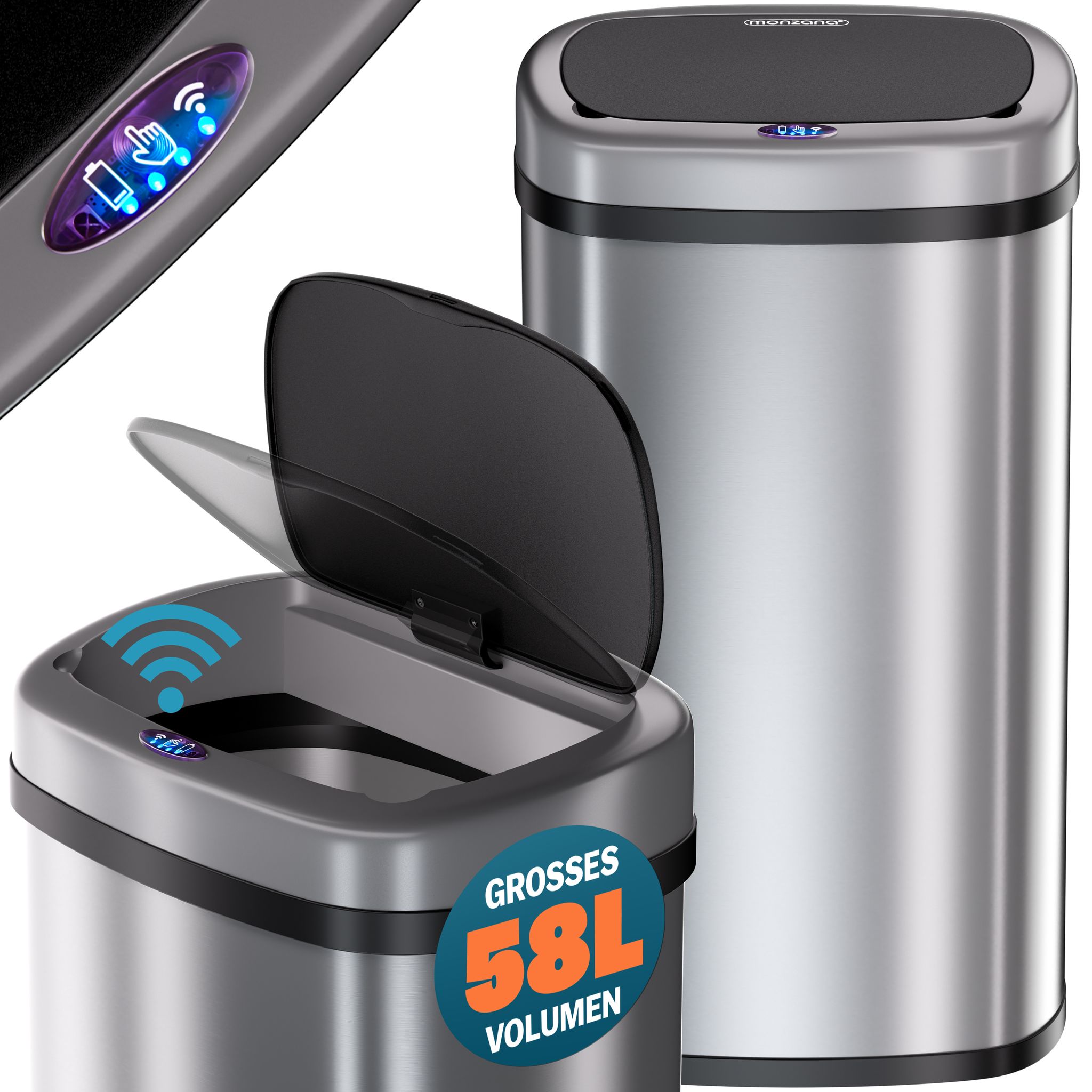 Sensor Mülleimer Küche 58 L Automatik Mit Bewegungssensor Soft-close-deckel Wasserdicht Usb-kabel Smarter Abfalleimer Müllbehälter - Monzana