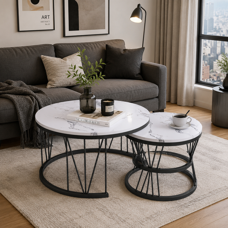 Tables Basses Gigognes Rondes Pour Salon - Table D'Appoint Avec Rangement - Plateau Imitation Marbre Blanc - Structure En Métal Noir - Moderne/scandinave