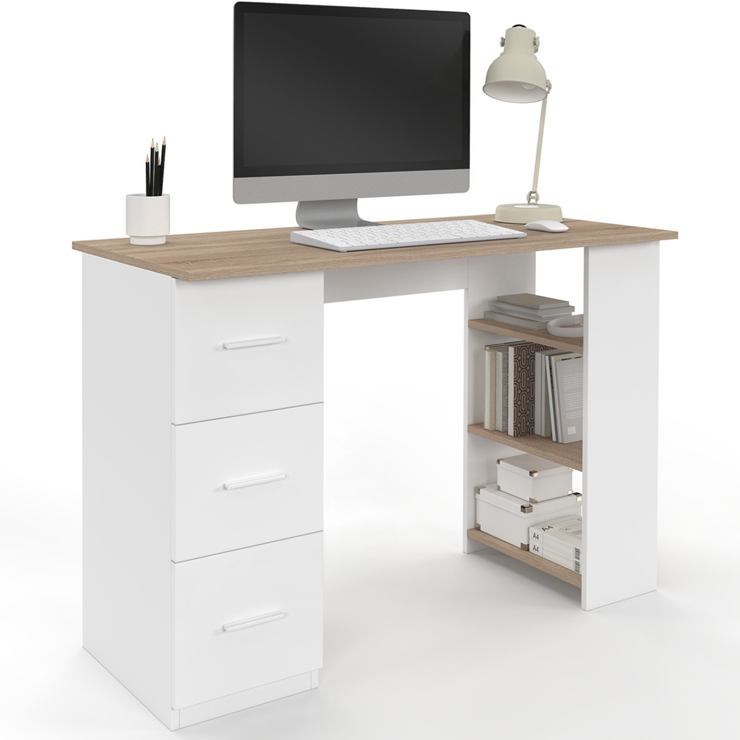 Idmarket – Bureau Droit 3 Tiroirs Blanc Et Bois – Longueur 110 Cm X Largeur 50 Cm X Hauteur 75 Cm – Étagères De Rangement Ouvertes