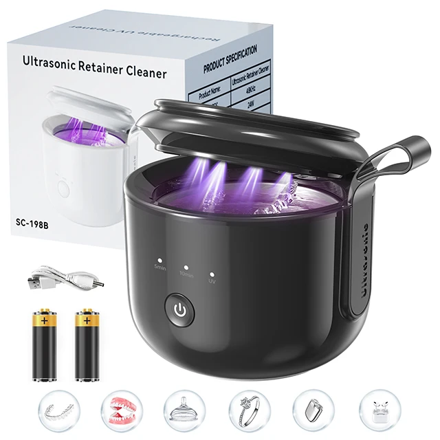 Nettoyeur à ultrasons portable 200 ml en acier inoxydable 304, trois modes dont UV, USB