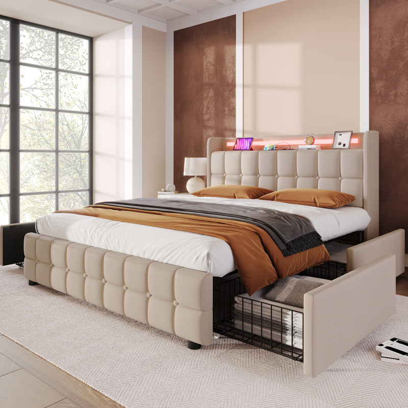 Lit 180 X 200 Cm Avec Sommier,lit 2 Personnes Avec Led Et Usb,lit