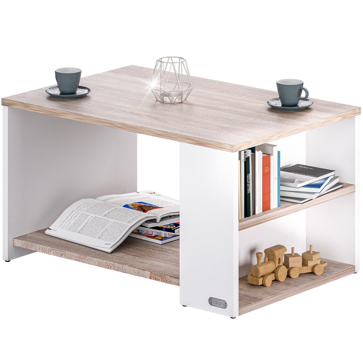Couchtisch Holz Mit Stauraum 2 Fächer 90x60x50cm Kratzfest 50kg Belastbar Ablage Beistelltisch Wohnzimmer Sofa Couch Tisch Weiß Sonoma Eiche - Casaria