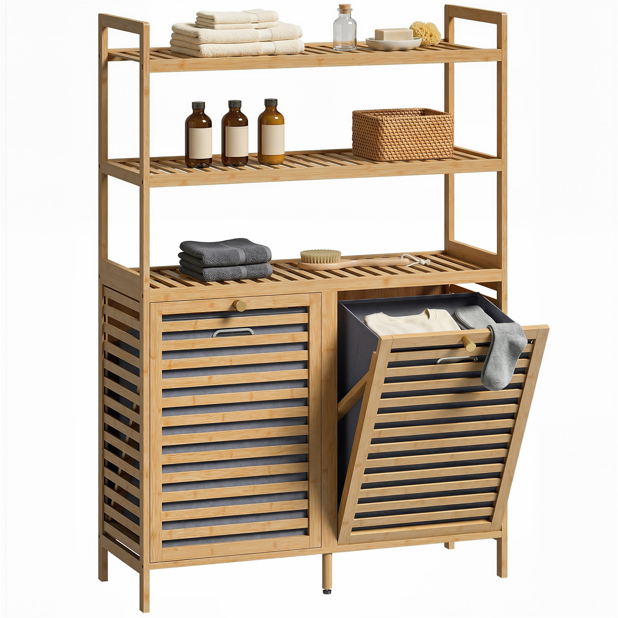 Armoire Linge Double En Bambou Avec 2 Paniers Amovibles Inclinables Et