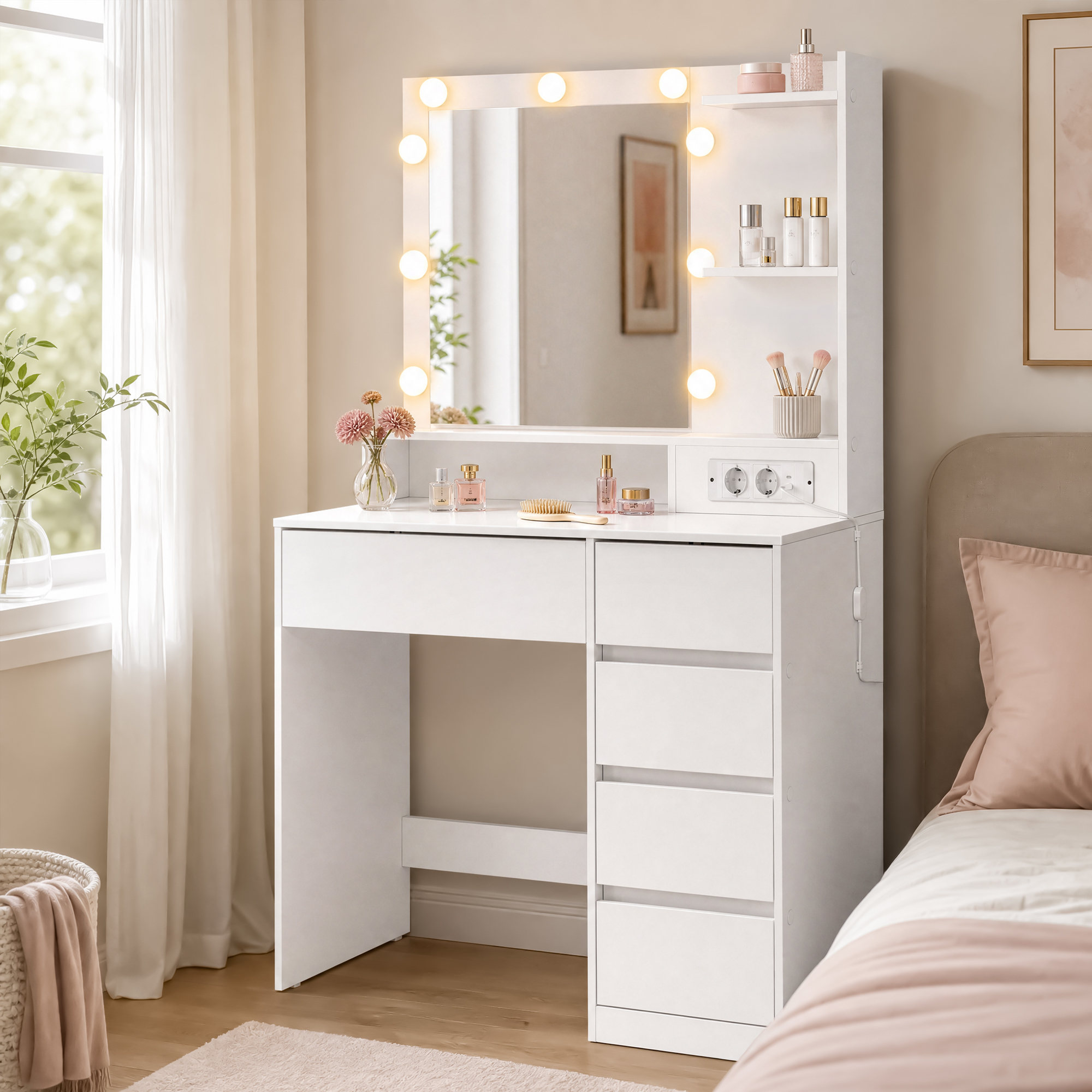 Vasagle – Coiffeuse Avec Miroir Led Et Prises Usb – Table De Maquillage
