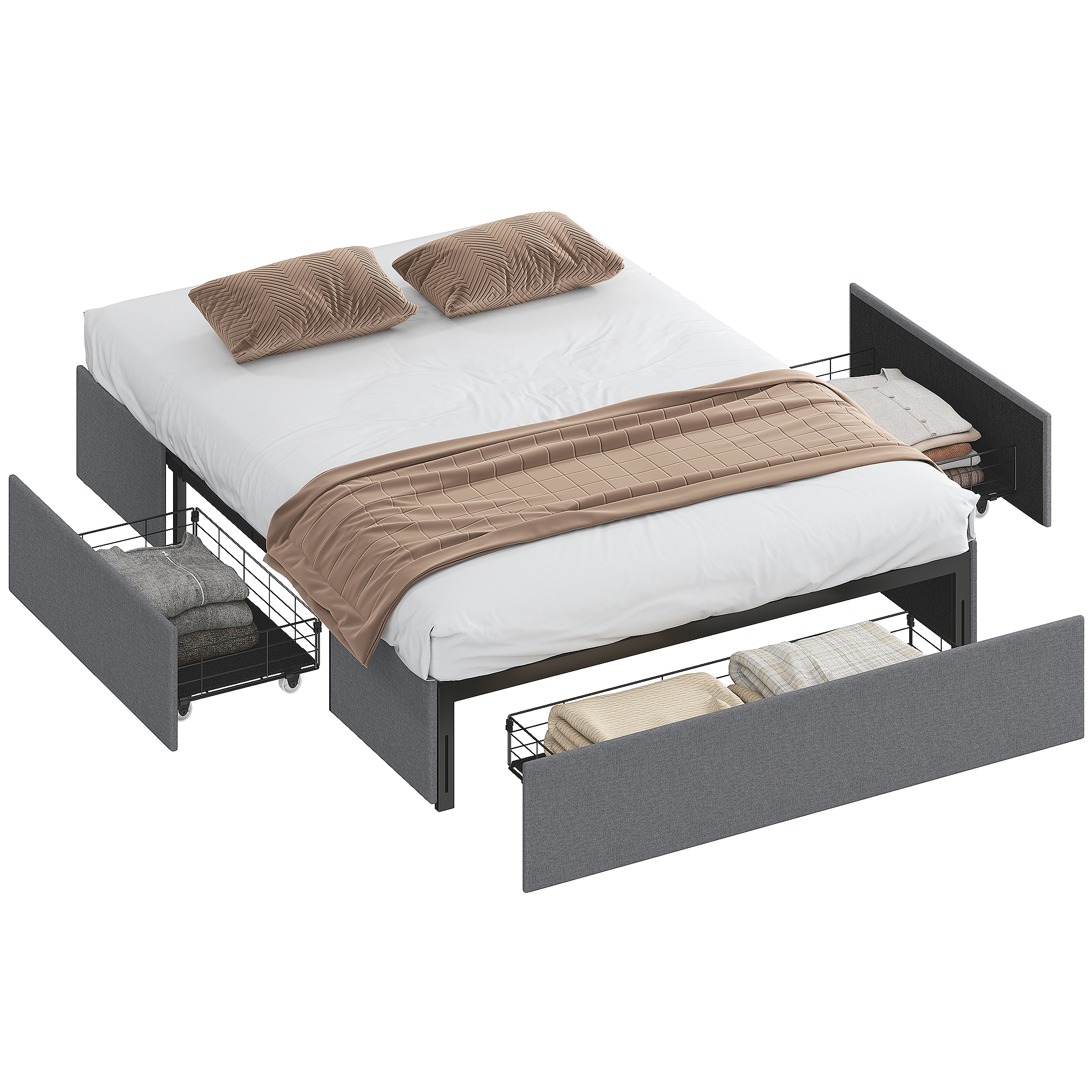 Homcom – Cadre De Lit Double 140 X 190 Cm – 3 Tiroirs De Rangement