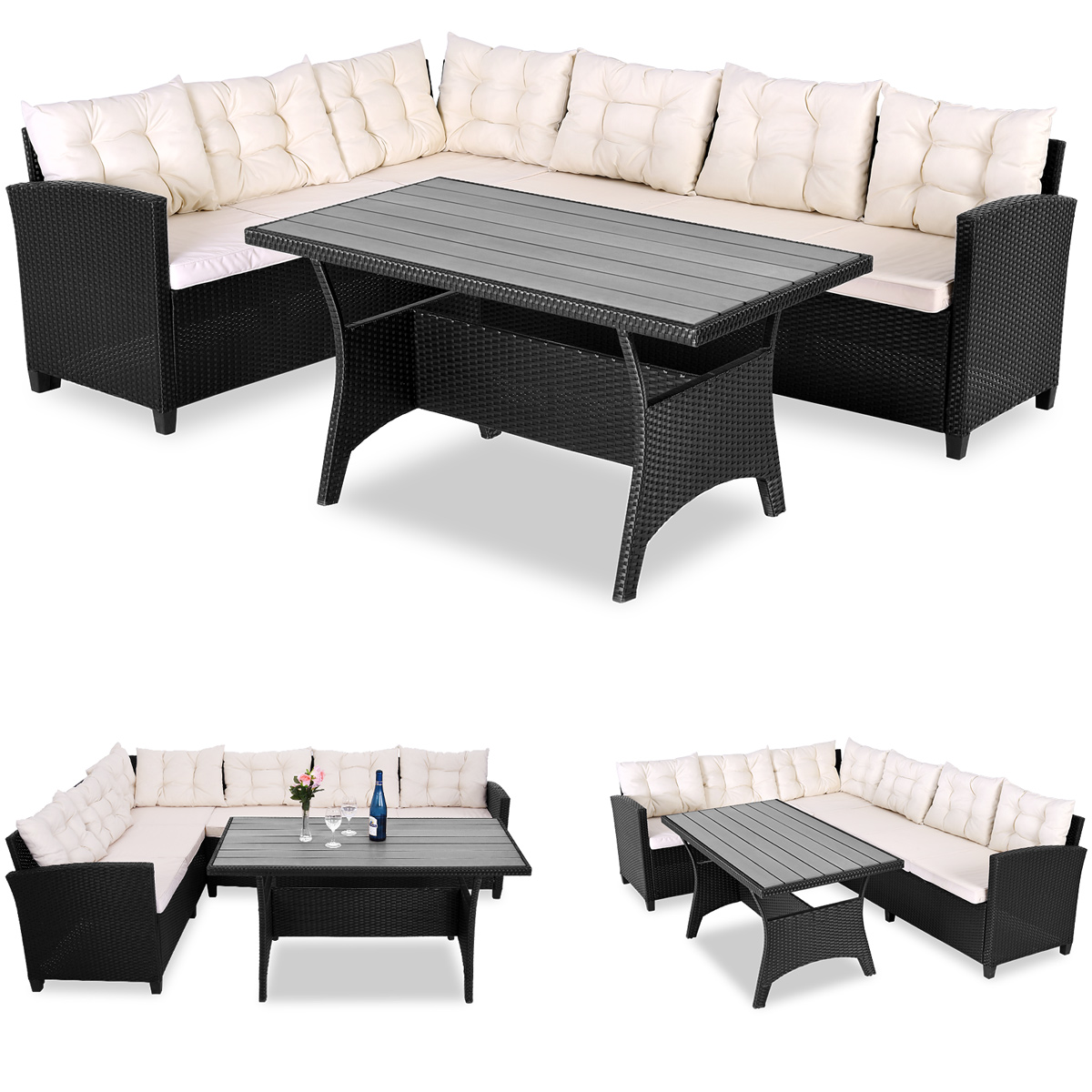 Lisbon Polyrattan Garden Corner Dining Furniture Set Wpc Table Black - Casaria