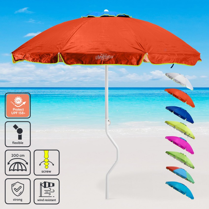 Parasol De Plage Léger 200 Cm – Protection Uv – Pointe Hélicoïdale Pour Ancrage Rapide – 8 Barres Renforcées Coupe-vent – Sac De Transport Inclus – Girafacile
