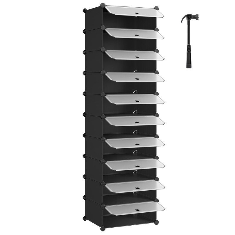 Meuble À Chaussures Avec 10 Compartiments Rectangulaires, Pour 20 Paires, Étagère Modulable En Plastique, Boîte À Chaussures, Avec Porte, Maillet, Rangement, Noir
