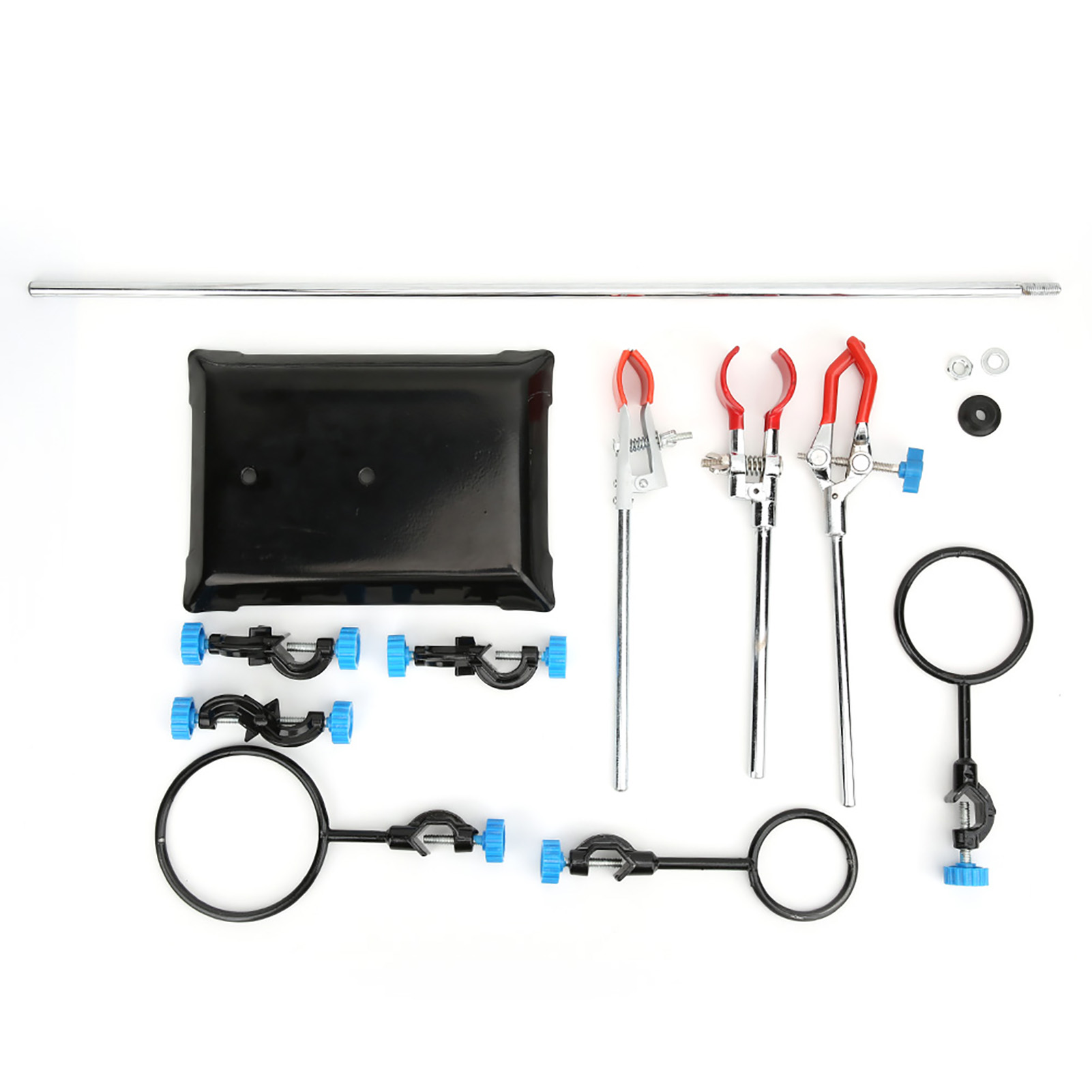Support de laboratoire en fer avec pince, tige 60,5 cm, base 20,6 x 14,5 cm, anneaux 50,8 mm