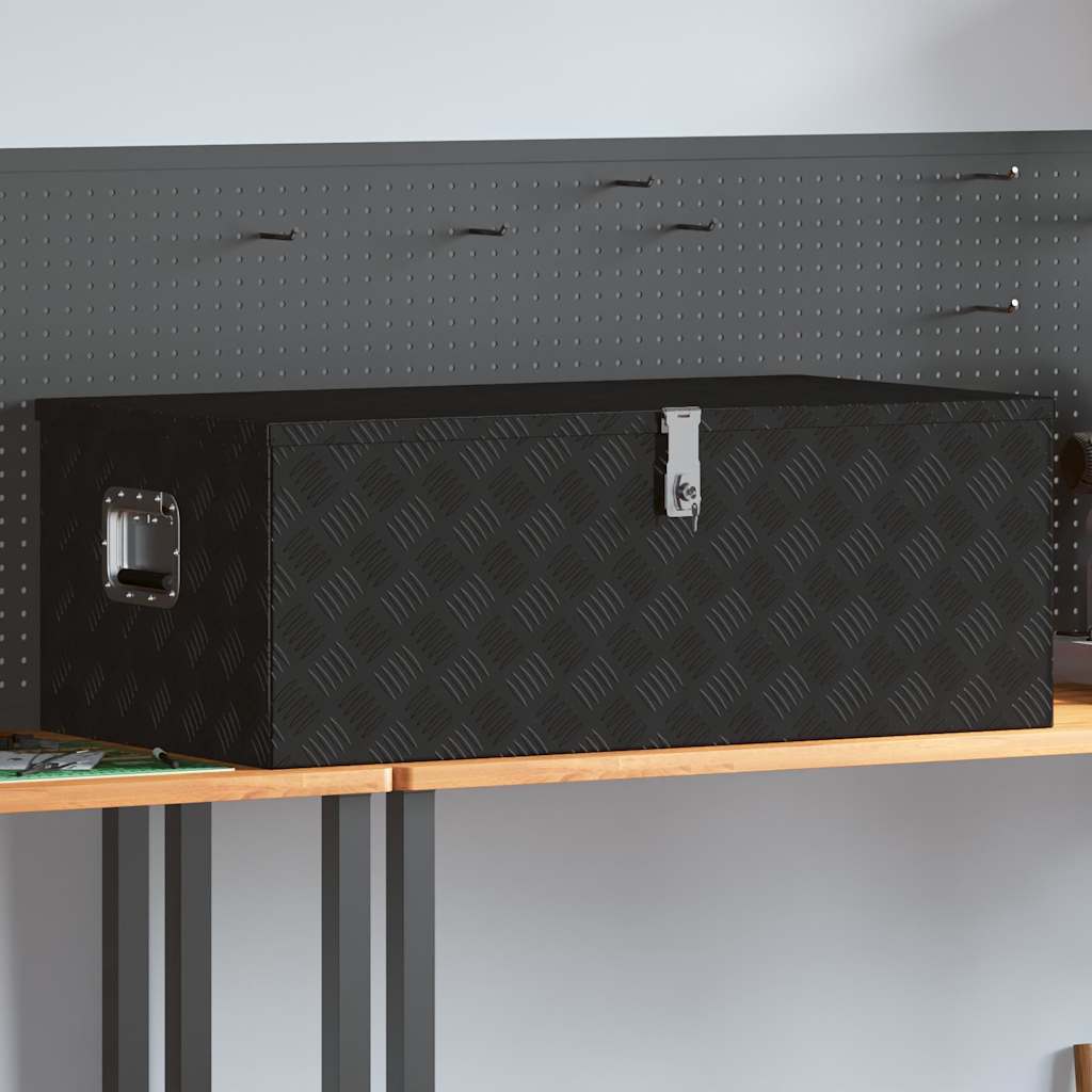 Boîte de rangement en aluminium noir avec serrure et poignée, 100 x 55 x 37 cm, 1 boîte et 2 clés