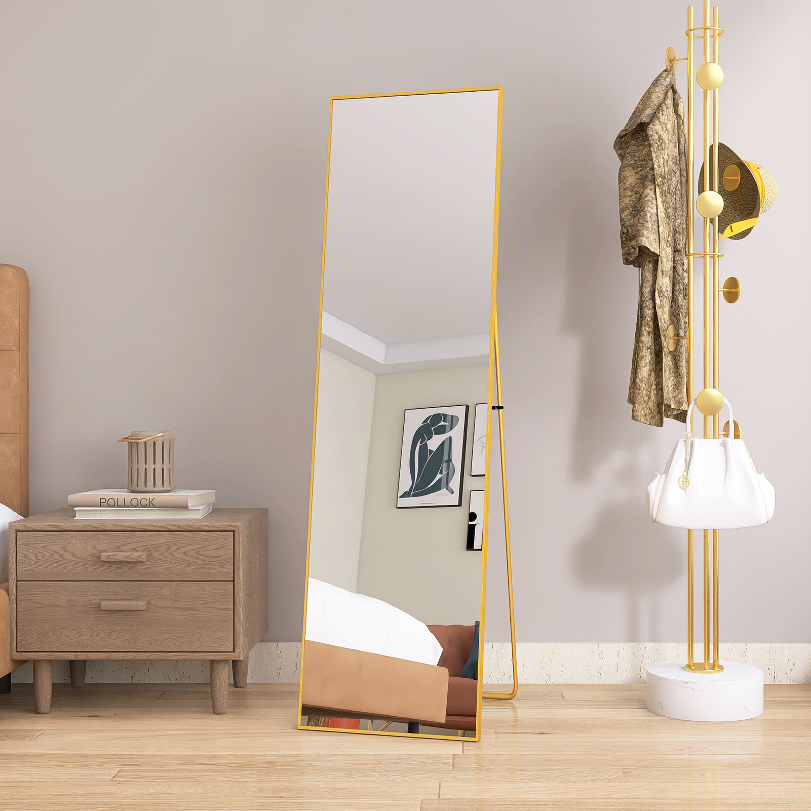 Fortuna Lai – Miroir Sur Pied Rectangle 140x40cm – Cadre En Métal Doré