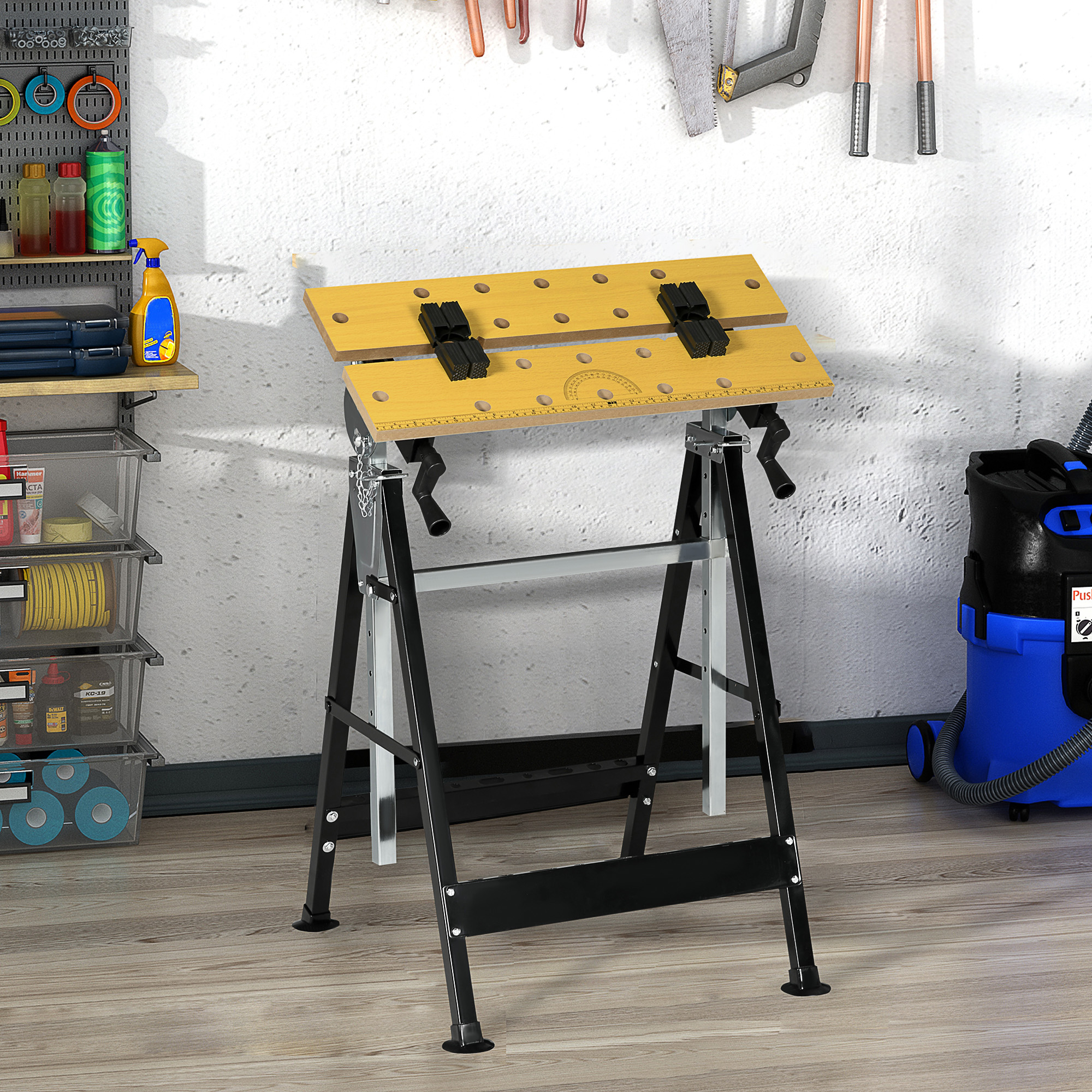 Établi réglable en hauteur, 7 positions de 85 à 114 cm, plateaux inclinables en MDF, lot de 4 supports rotatifs