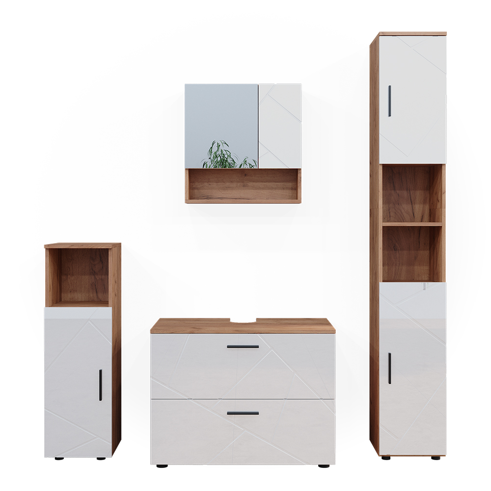 Vicco Badmöbelset Irma Eiche Weiß Hochglanz modern Badezimmerschrank Badschrank Badezimmermöbel Waschtischunterschrank Spiegelschrank Midischrank Hochschrank Schrankschublade Schranktür Schrankfach