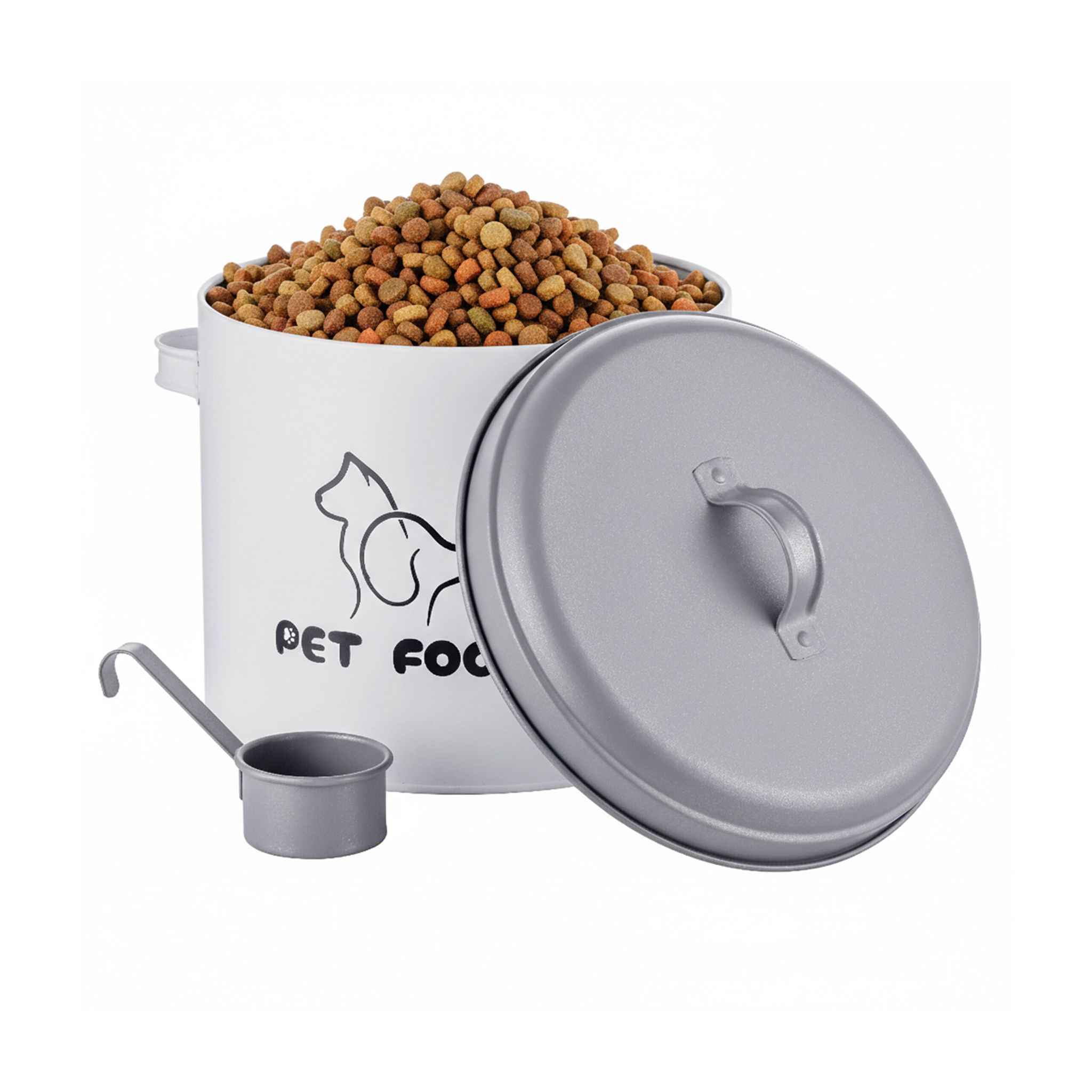 Relaxdays Food Bin 5 L, Hwd, 22x26x18 Cm, Lid & Scoop, Galvanised Iron, Dry Pet Food Storage, White