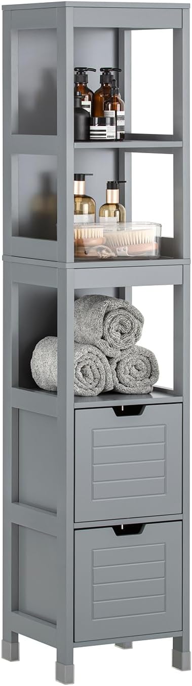 Sobuy Grau Badezimmerschrank Hochschrank Badezimmer Badschrank Schmal Mit 3 Offenen Fächern Und 2 Körben Badregal Schmal 30 Cm Breit Badmöbel Für Badezimmer, Kleine Räume 30 × 30 × 144 Cm - Image 2
