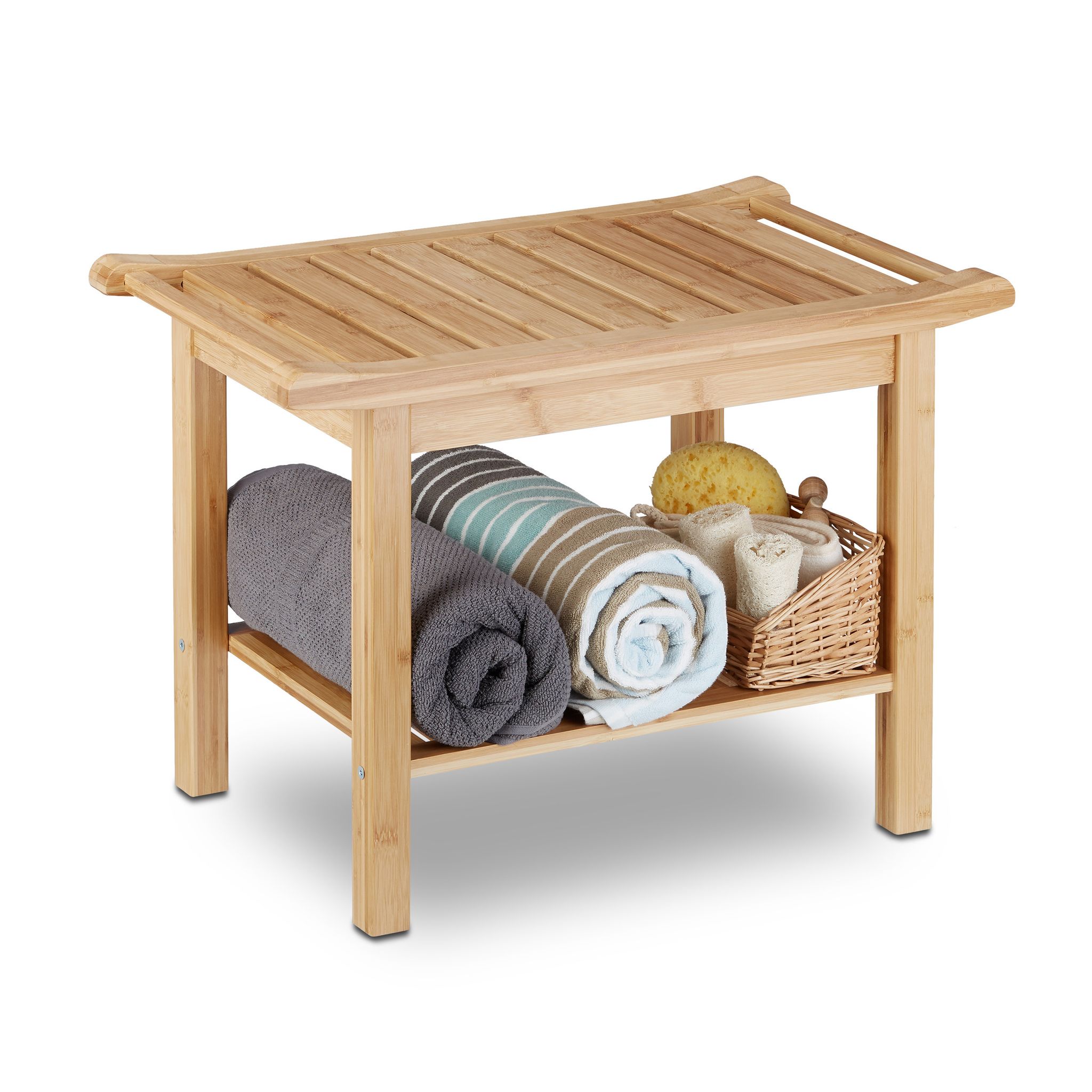 Sgabello, Mobiletto Da Bagno In Bambù, Ripiano, Alzatina, Pouf, In Legno, Hxlxp: 45 X 66 X 40 Cm, Naturale - Relaxdays