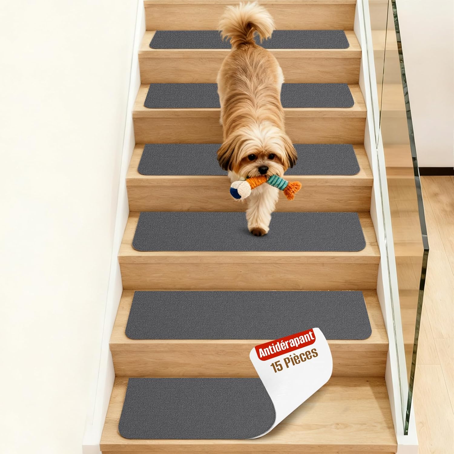 Tapis d'escalier antidérapant autocollant 76 x 20 cm, gris foncé, lot de 15