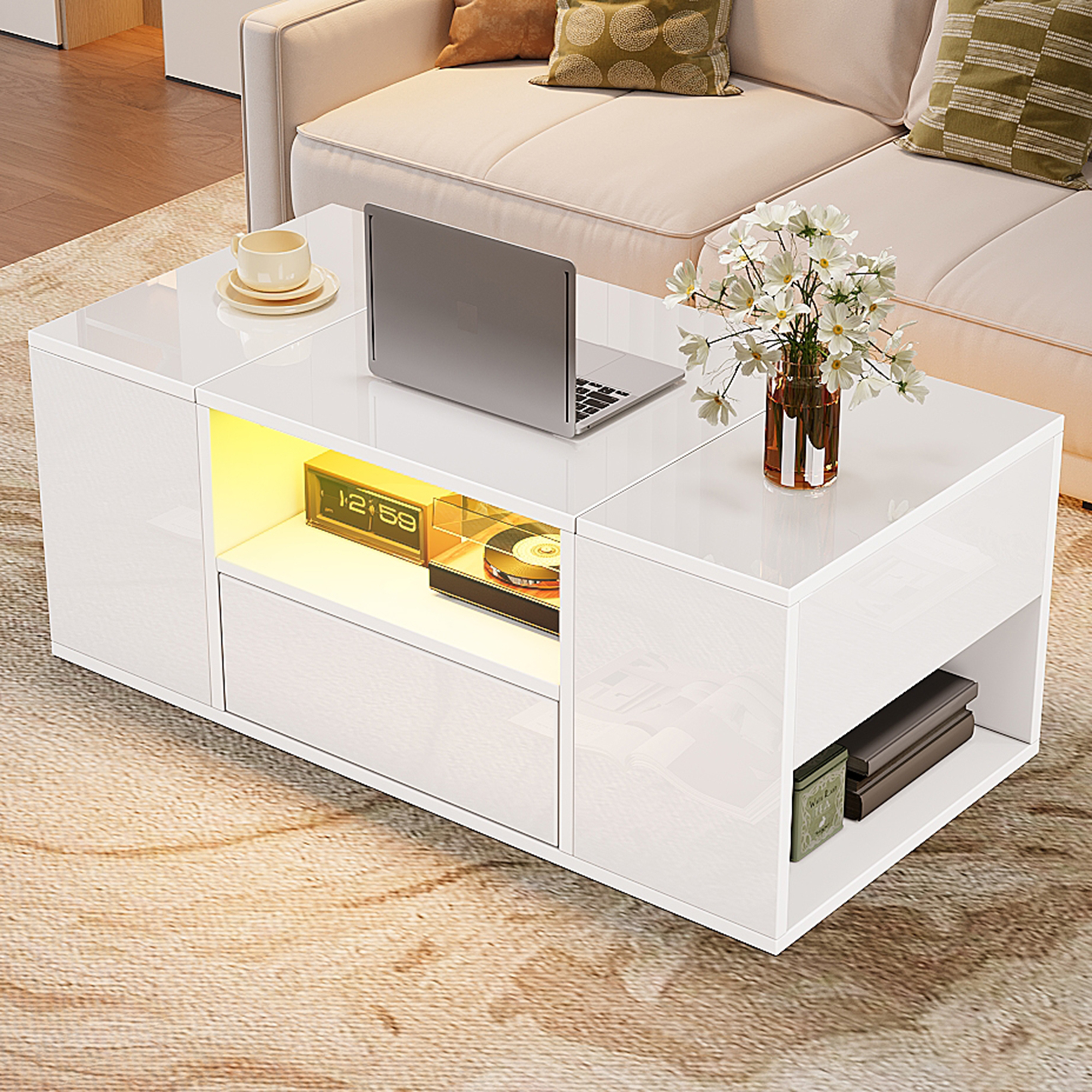 Table Basse Salon Moderne 100x50x40cm Led 3 Compartiments Rangement 2