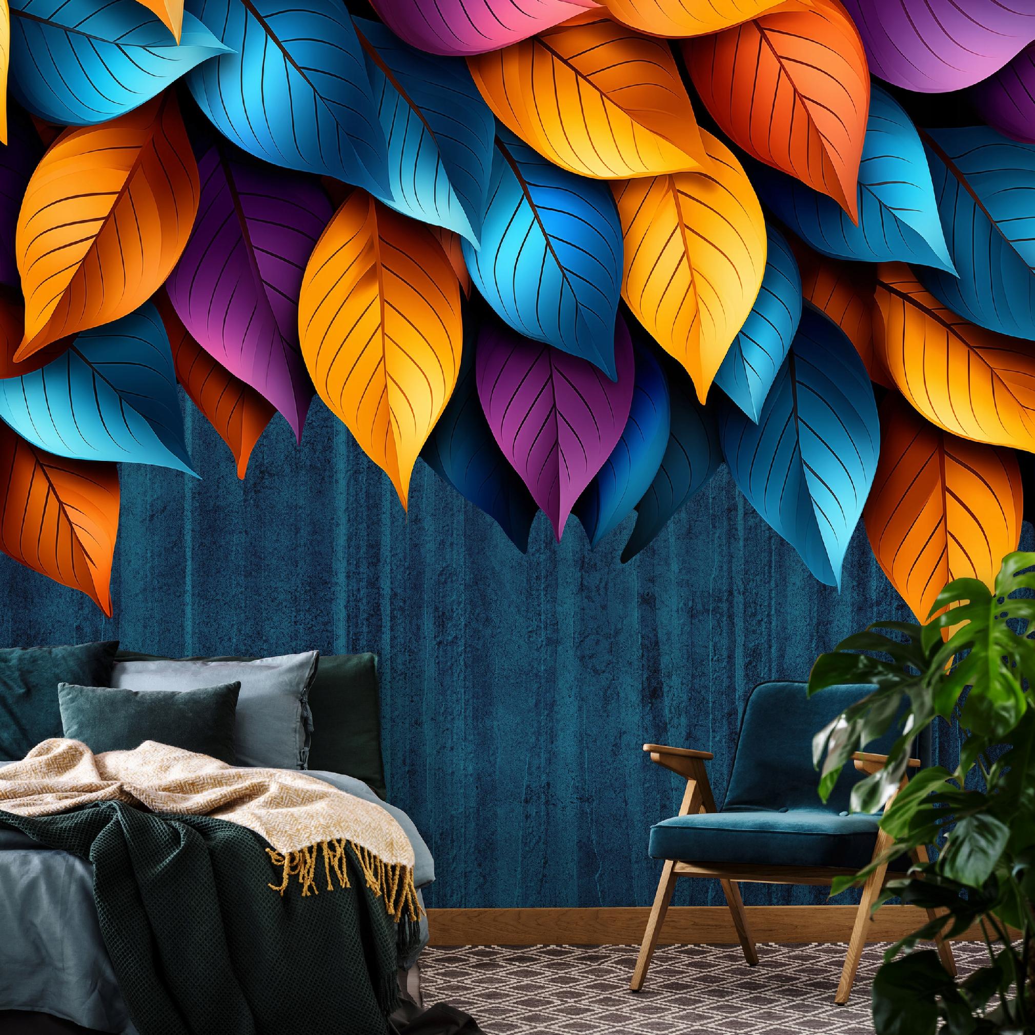Wallarena Vlies Fototapete Blätter 350x250 Cm, Tapeten, Für Wohn Und Schlafzimmer, Vliestapete Wandtapete Tapete 3d Effekt- Inkl. Kleister - Bunt Blau Natur