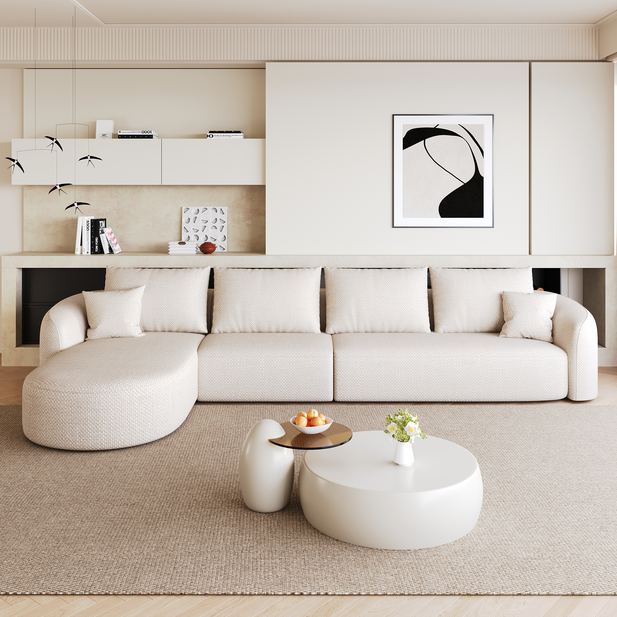 Canapé D'Angle Modulable En L 5 Places 336x168x85 Cm Avec Méridienne, Effet Nuage, Mousse Compressée, Sans Montage, Chenille Blanc