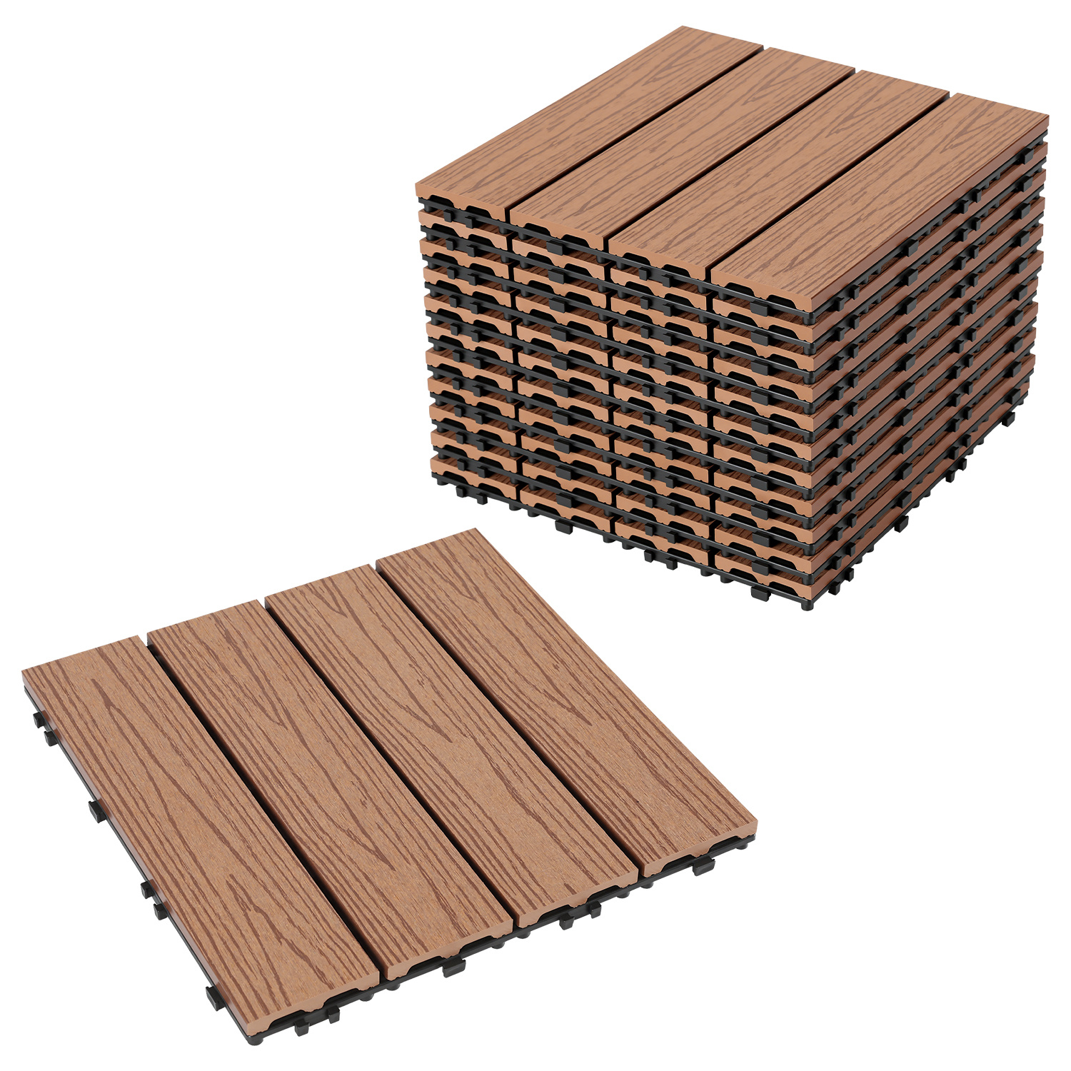 Jiubiaz Set Di 11 Piastrelle Per Terrazza In Wpc A 4 Doghe 1 M², 30 X 30 Cm, Piastrelle Agganciabili In Composito Di Legno Marrone