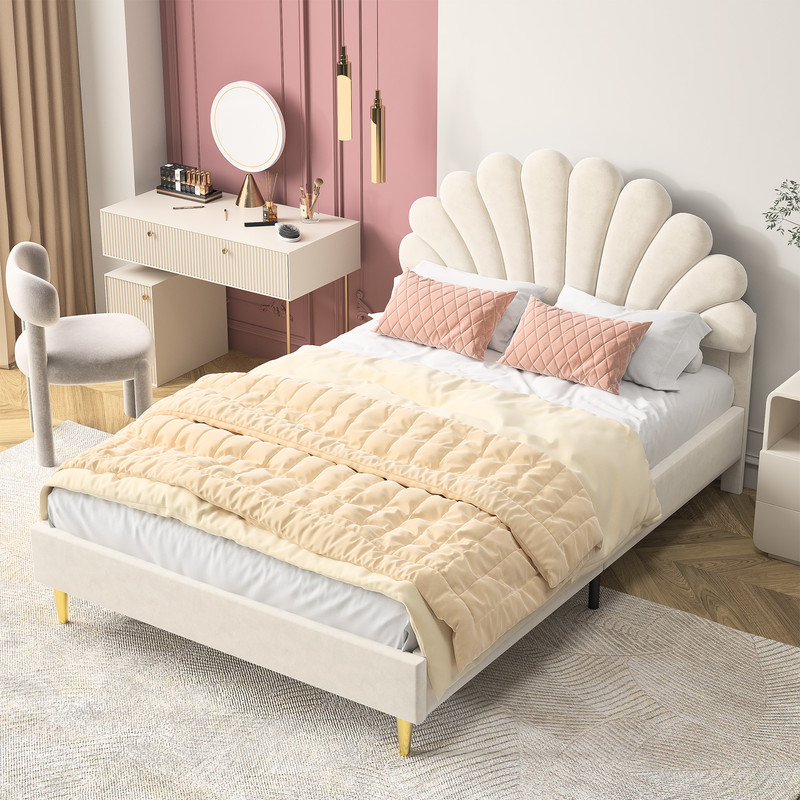 Fortuna Lai – Lit Simple 140x190 Avec Sommier En Bois Massif – Tête De Lit Fleurie En Velours Beige – Style Scandinave Pour Enfants Et Adultes