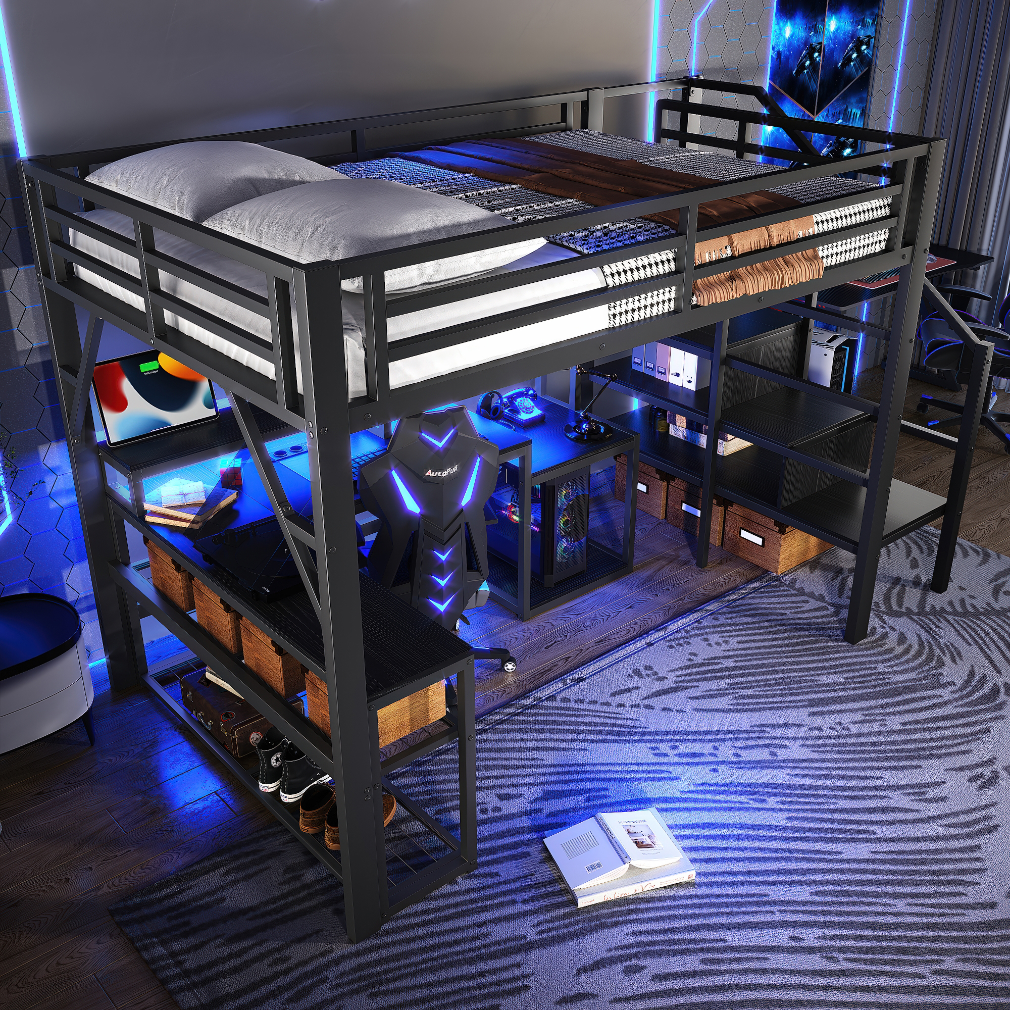 Stilvora Hochbett 140 X 200 Cm Mit Stauraumtreppe, Schreibtisch, Led Regulierbar Und Usb, Ohne Matratze, Aus Metall, Schwarz