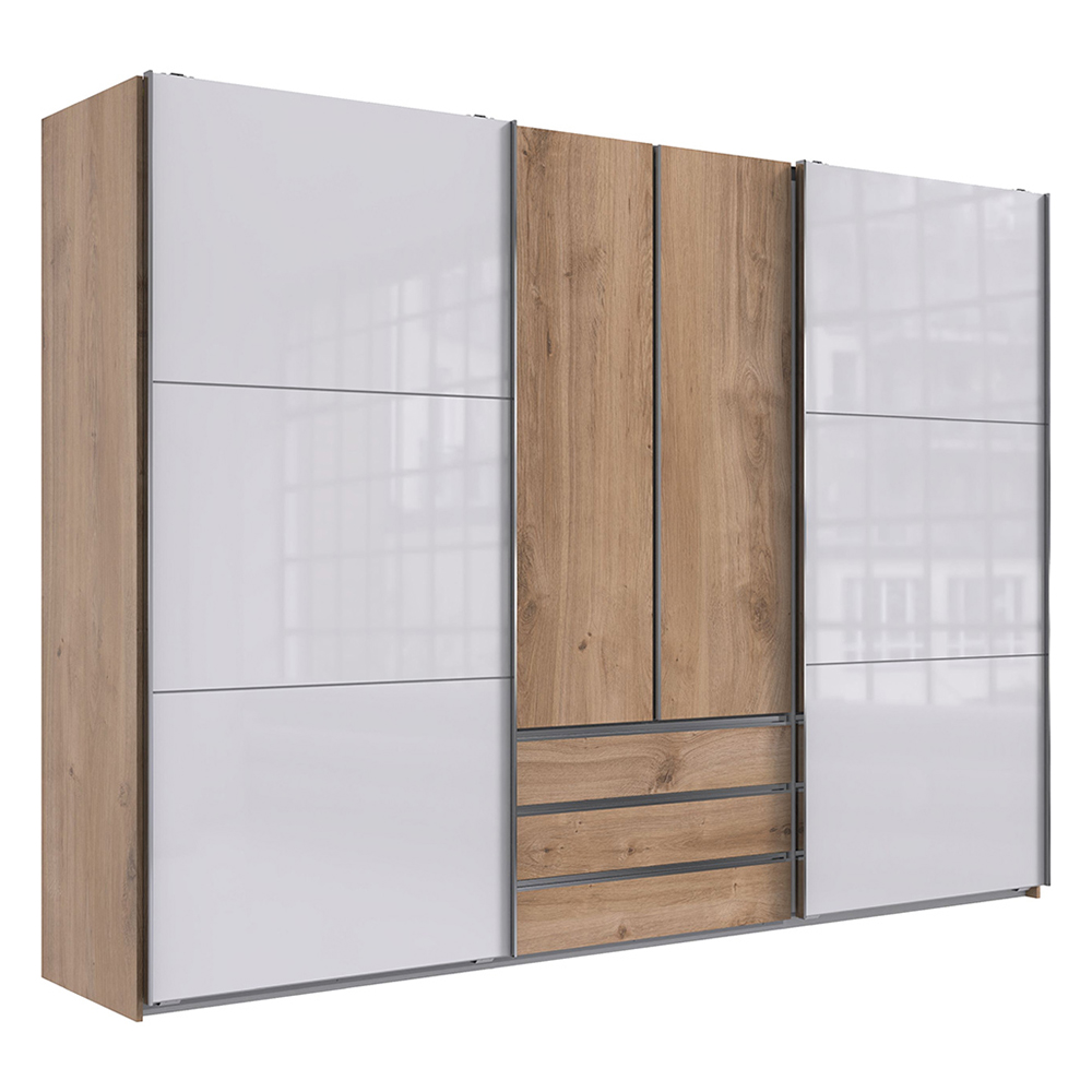 Kleiderschrank In Eiche Schwebetüren Mit Glasfront Weiß, Midland-43
