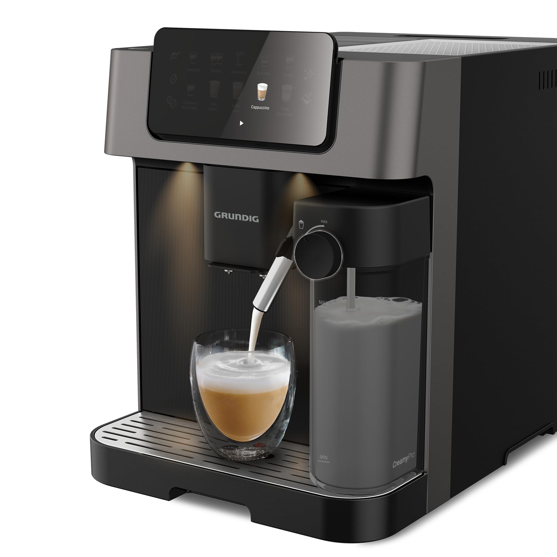 Grundig Kva 7230 - Macchina Da Caffè, 10 Specialità Di Caffè, 13 Gradi Di Macinazione, Contenitore Per Latte, Potenza 1350 W, Pressione Pompa 19 Bar, Ugello Doppio, Illuminazione, Nero/argento Scuro