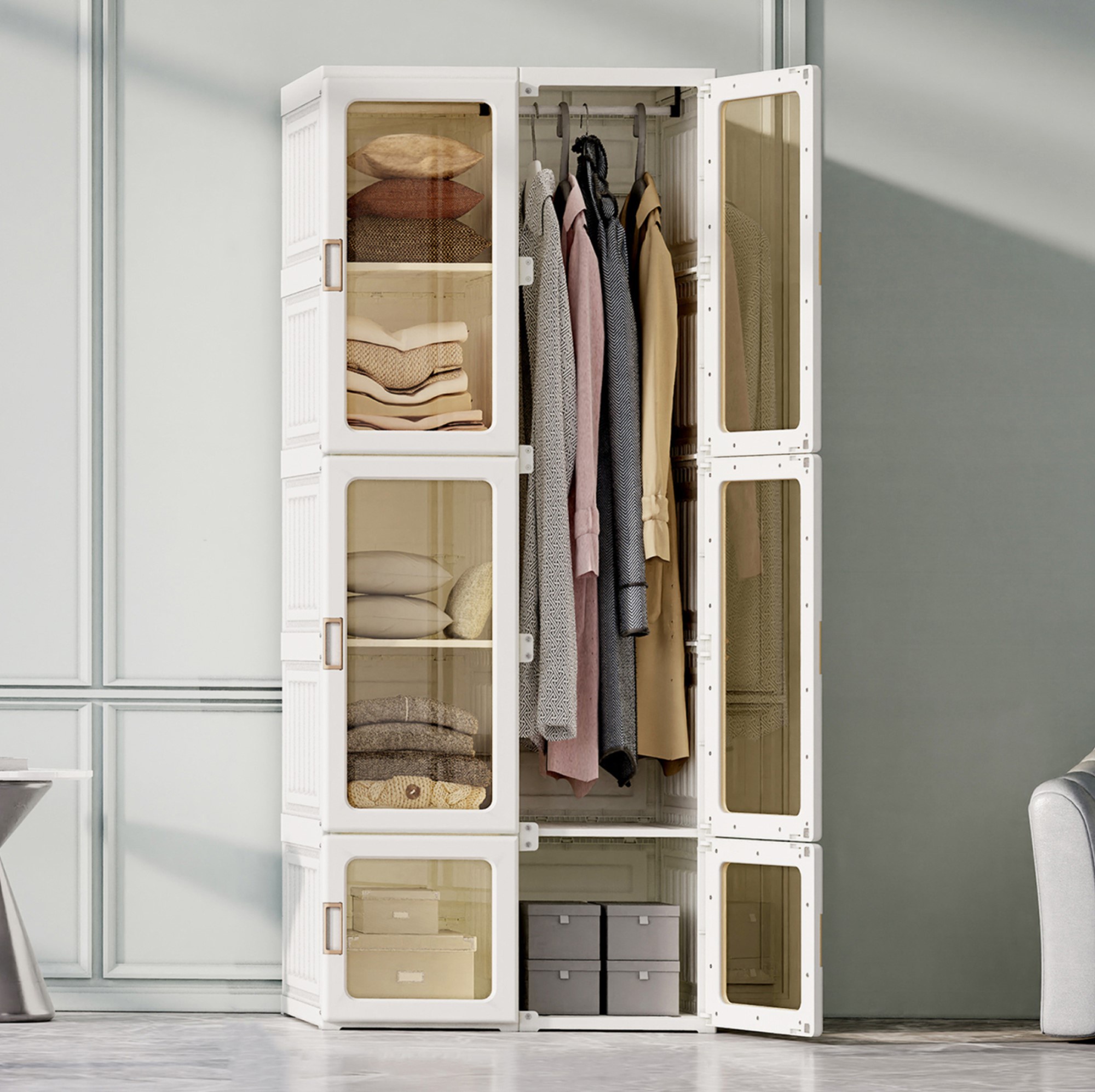 Armoire,avec Porte Transparente, 5 Étagères, 1 Tringle À Vêtements, Armoire Portable, Armoire De Chambre Pliable,69x50x170 Cm,blanc