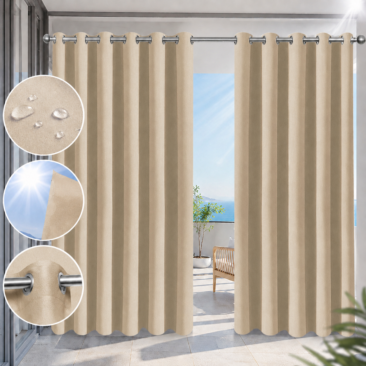 Rideaux D'Extérieur Imperméables À Oeillets Beige 180x274cm - Polyester
