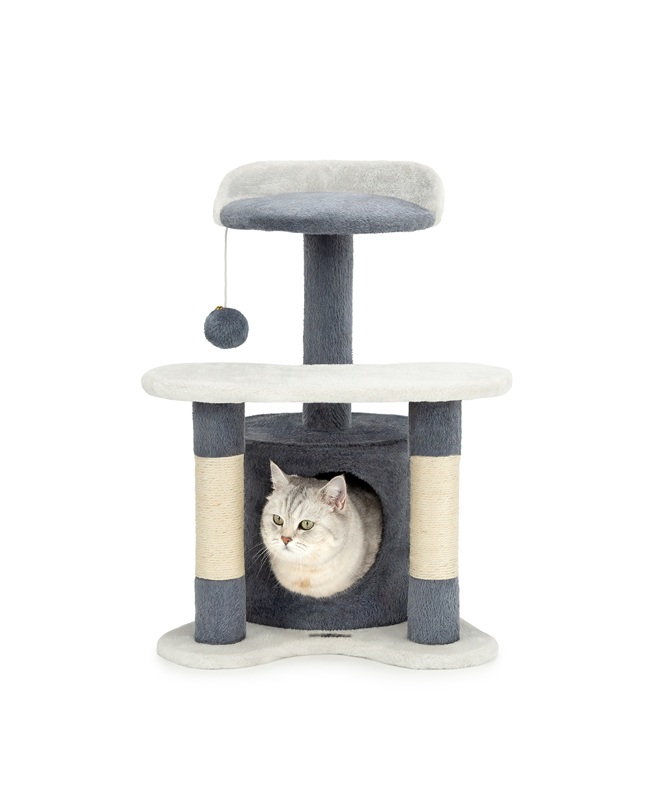 Lionto Grau Kratz- & Spielbaum, 65 Cm Stabiler Katzenbaum Mit Sisalstämmen, Plüschhöhle & Spielball, Ideal Für Kleine Katzen, /Weiß