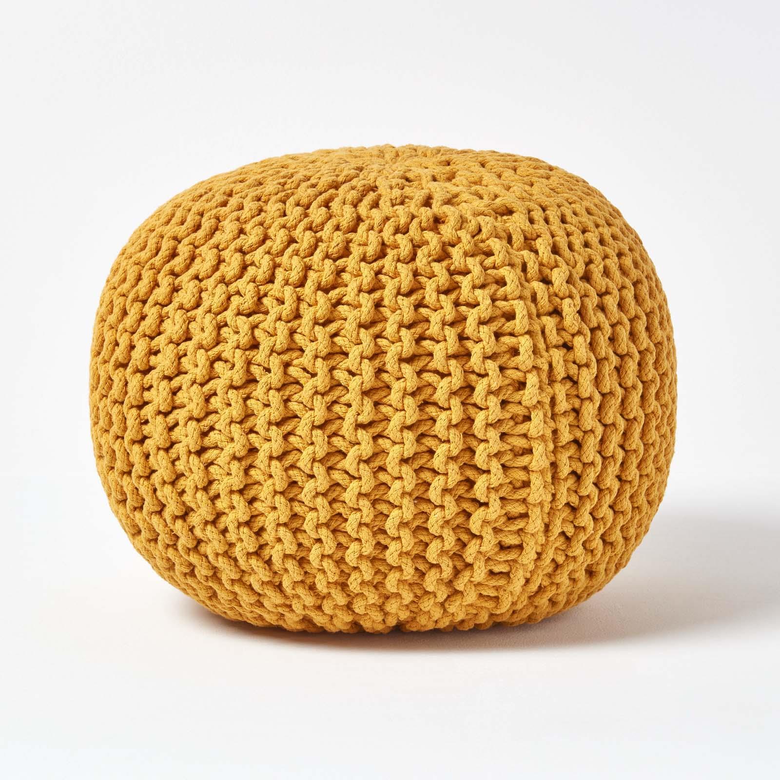 Homescapes – Pouf En Tricot Rond Moutarde – Enveloppe 100% Coton