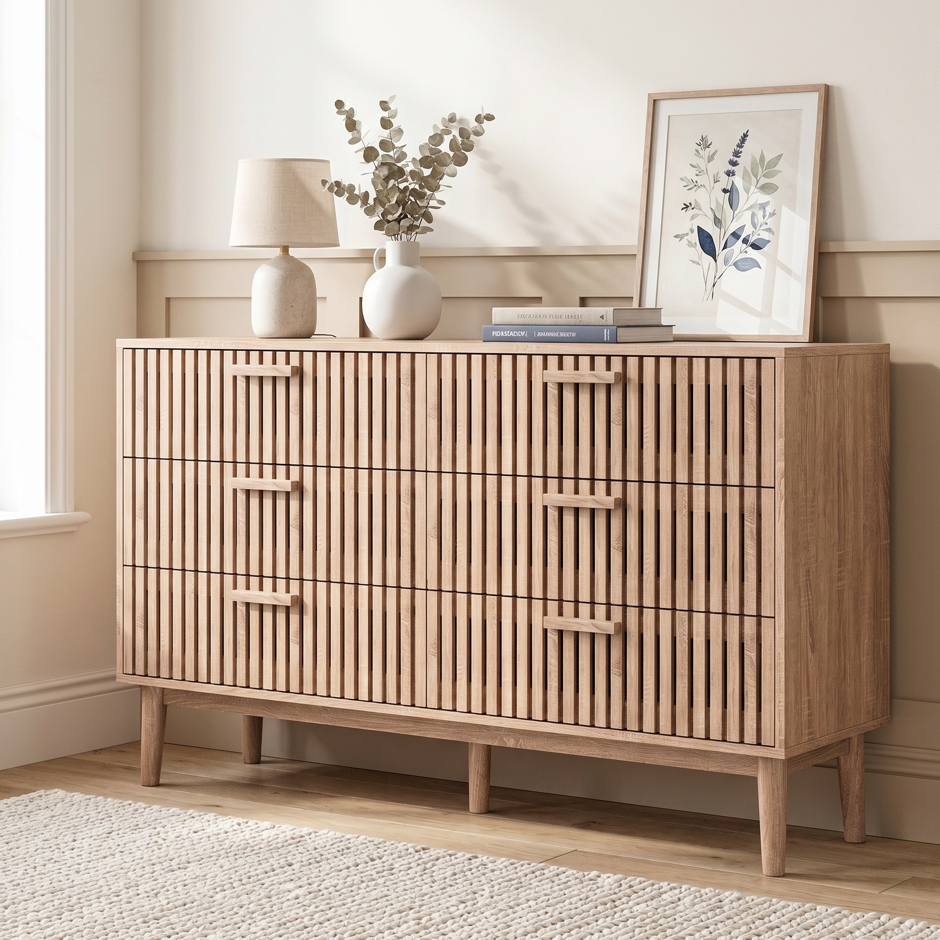Commode 100, 6 Tiroirs, Buffet 100, Commode Chambre, Design À Lattes Verticales, Meuble De Rangement, Pour Salon/cuisine/salle À Manger, Style Moderne/scandinave(100x34x73cm, Chêne Clair)