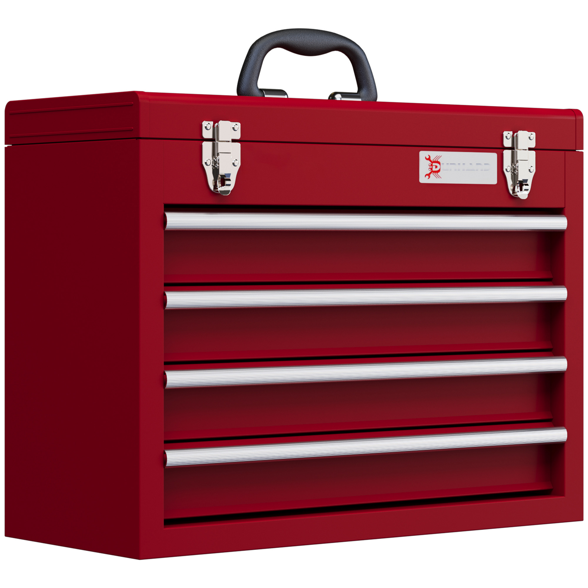 Boîte à outils en acier rouge, 4 tiroirs avec couvercle à charnière, loquets métalliques, 51x22x39,5 cm