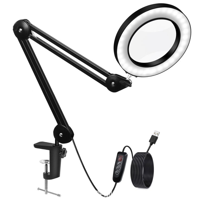 Lampe loupe d'atelier avec pince métallique, lentille 5 dioptries, bras pivotant, 3 modes de couleur