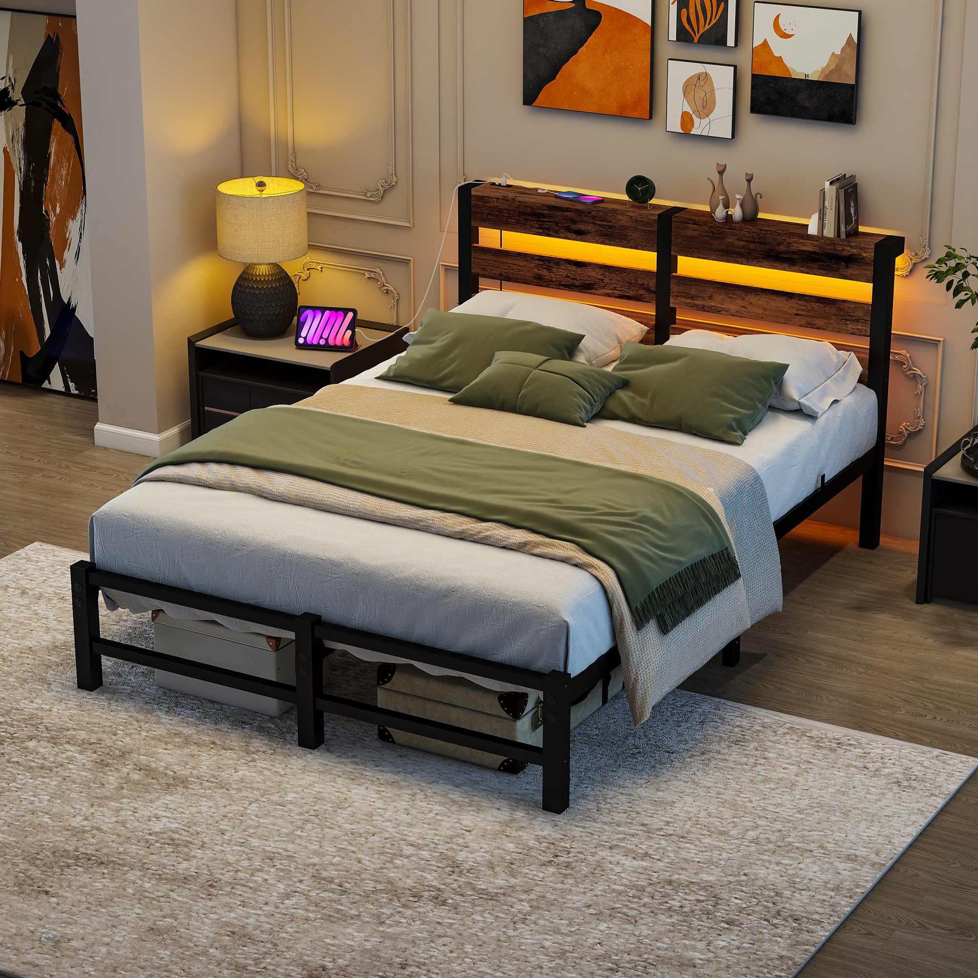 Lit 120/200 Cm Noir Et Brun En Métal Et Bois Avec Del Et 2 Ports Usb