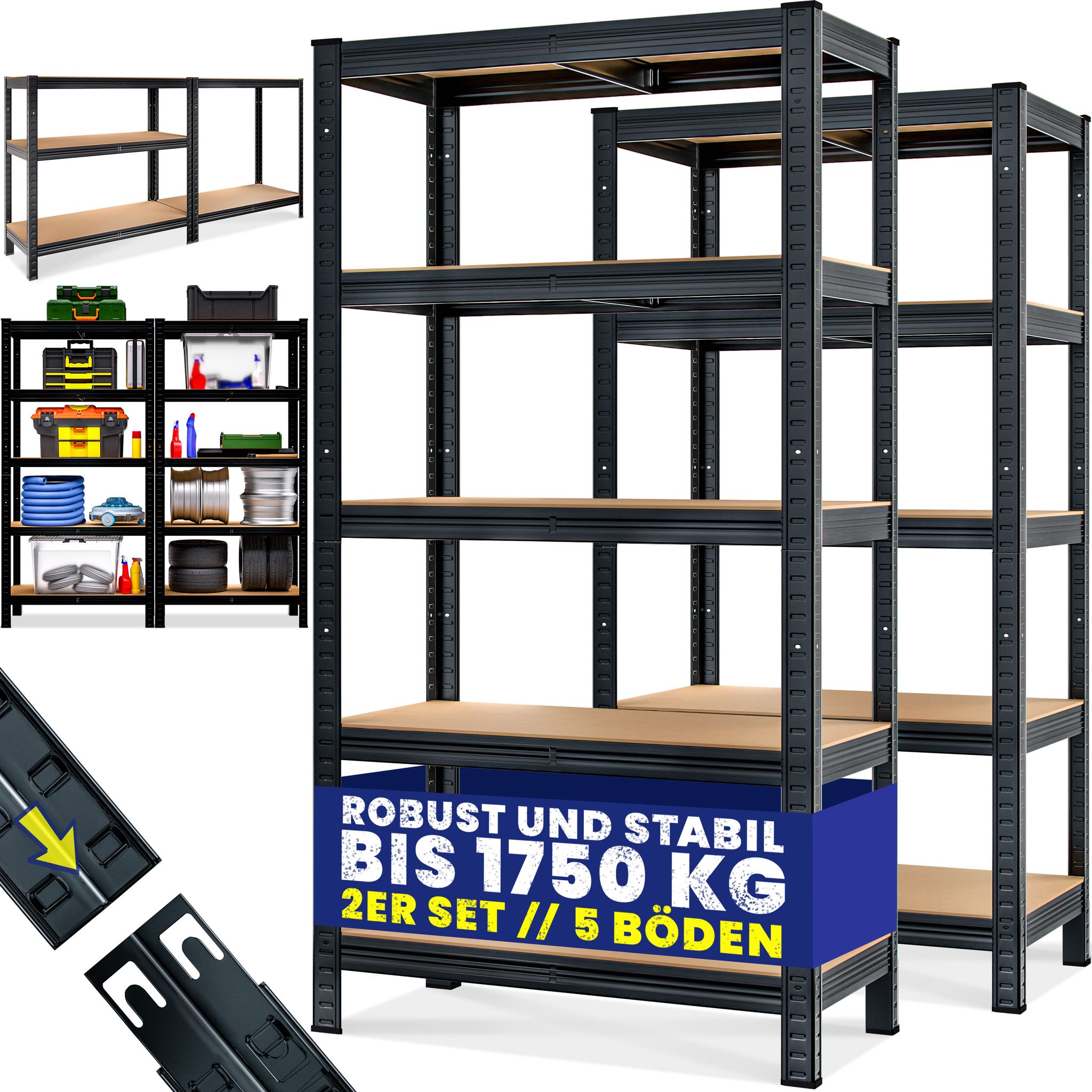 Schwerlastregal Befestigungsmaterial Kellerregal Lagerregal Steckregal Metallregal Werkstattregal 2er Set - 180x90x40cm - Schwarz - Monzana