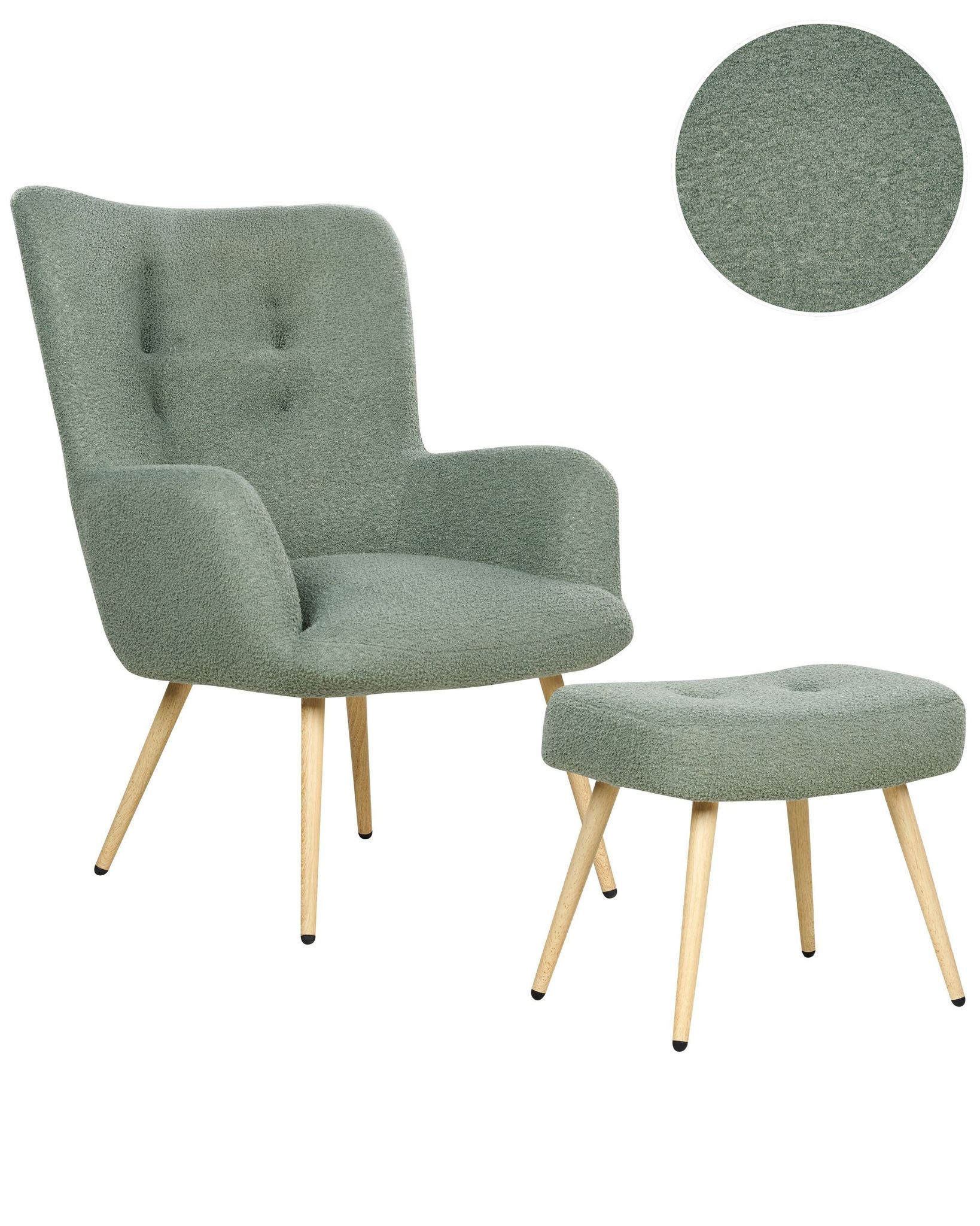 Beliani - Wingback Mid-century Modern Boucle Upholstered Armchair Ottoman Set Light Green Vejle Ii