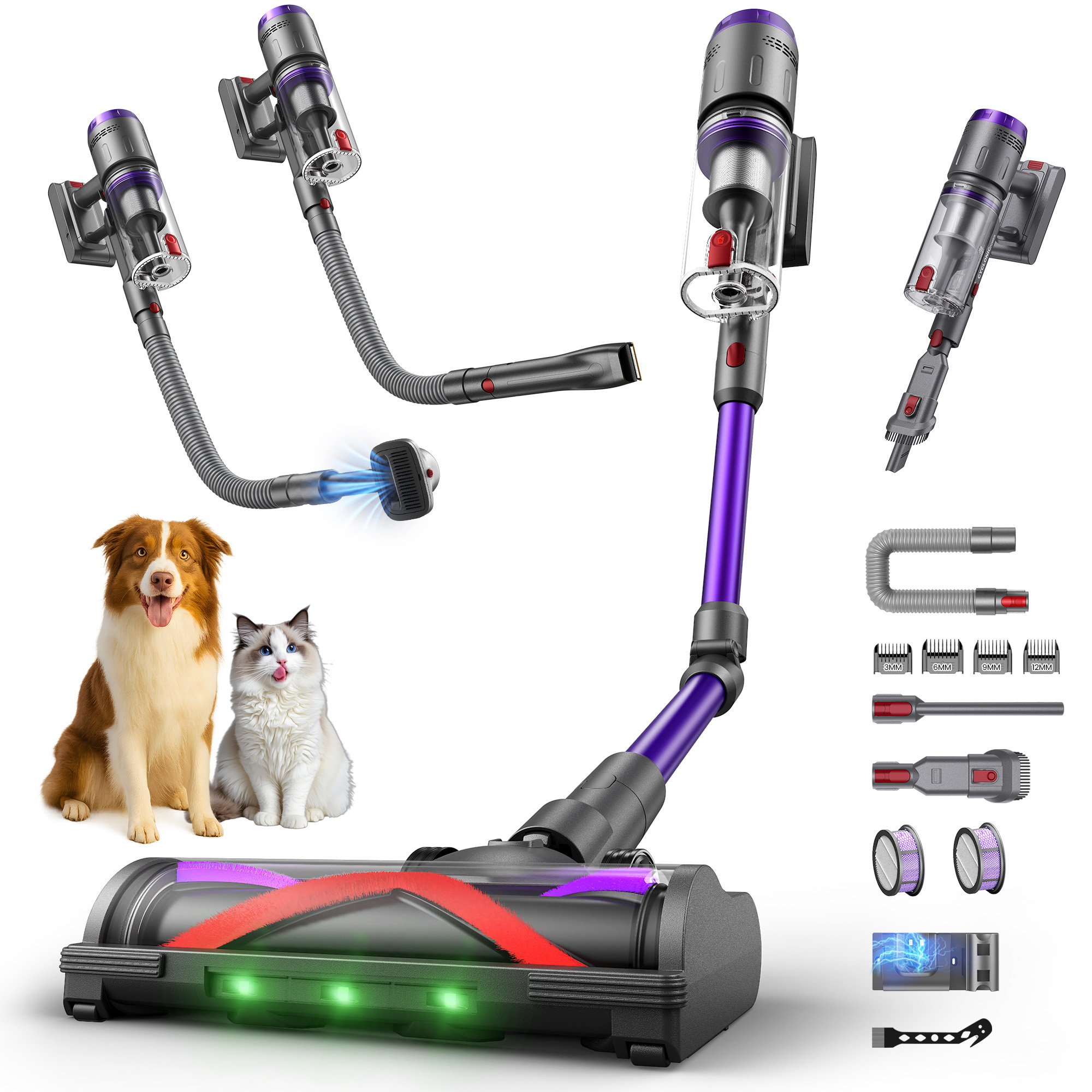 Rinoxar Akkusauger Kabellos 600W - 58Kpa Saugkraft - 75 Min. Laufzeit - 1,6L - Tierpflege-Set & Tierhaar-Trimmer