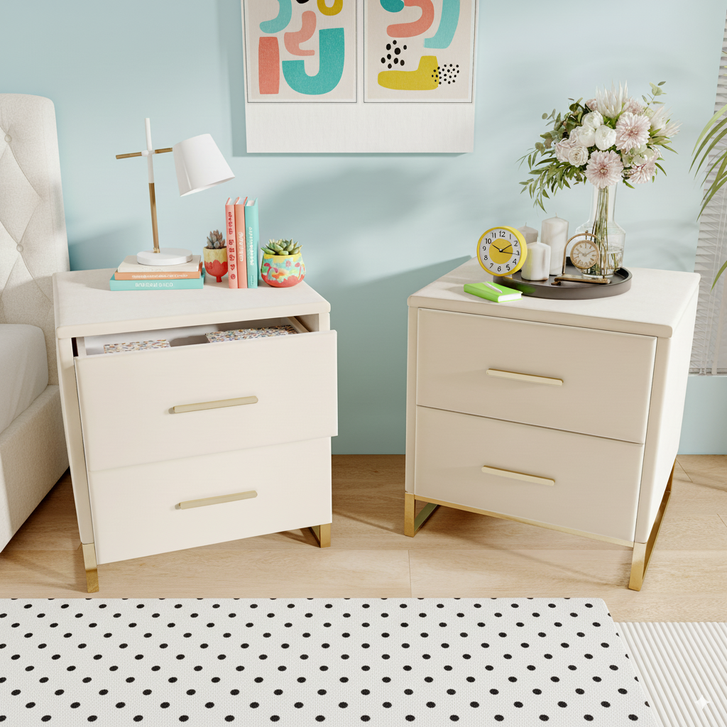 Lot De 2 Table De Chevet, En Velours Beige