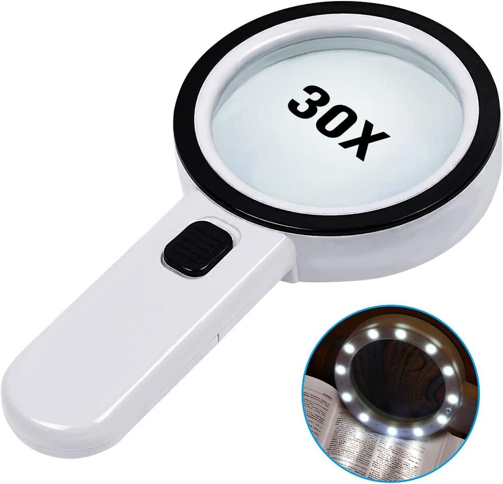 Loupe à main éclairante 30x avec 12 LED, pour lecture, pièces de monnaie et timbres