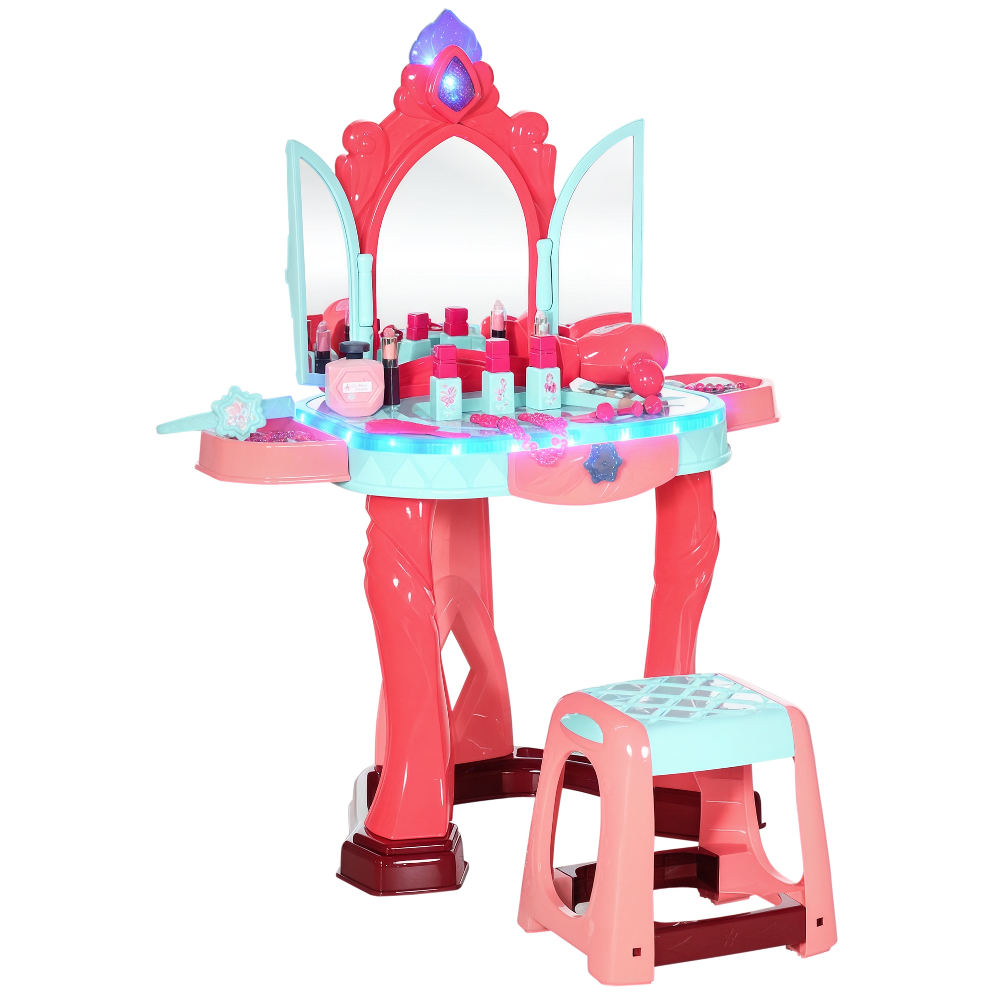 Tavolo Da Trucco Per Bambini (dai 3 Anni In Su) Con Sgabello, Specchio, Luce, Musica E Asciugacapelli, Dimensioni 57 X 34 X 76 Cm, Multicolore