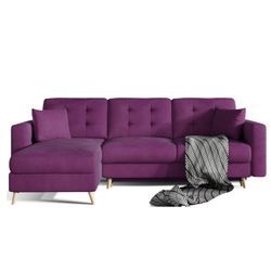 Meubler Design - Canapé D'Angle Convertible Et Réversible Velours Anska - Pieds Bois Naturel-violet