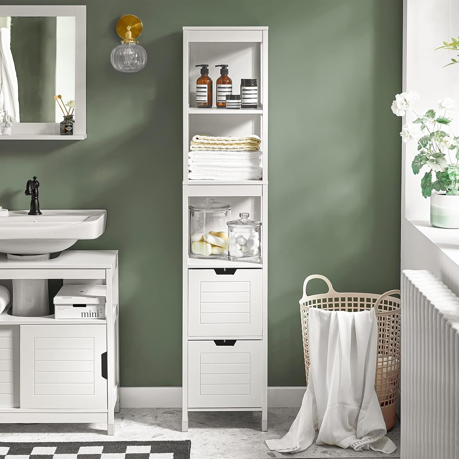 Sobuy - Colonne Salle De Bain Avec 4 Étagères + 2 Tiroirs, Mdf Laqué Brillant, Blanc 30×30×144 Cm, Kit Montage Facile & Anti‑basculement Rangement Compact, Frg126‑w