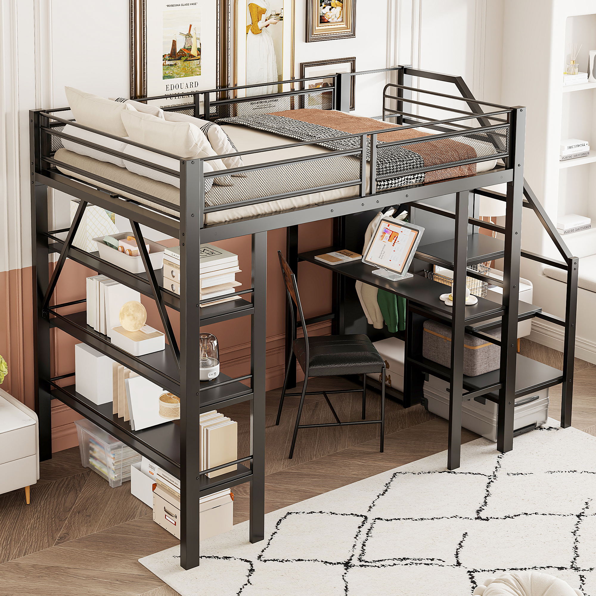 Stilvora Hochbett 140 X 200 Cm Mit Led, Steckdose, Schreibtisch, Regalen Und Kleiderschrank, Ohne Matratze, Aus Metall, Schwarz